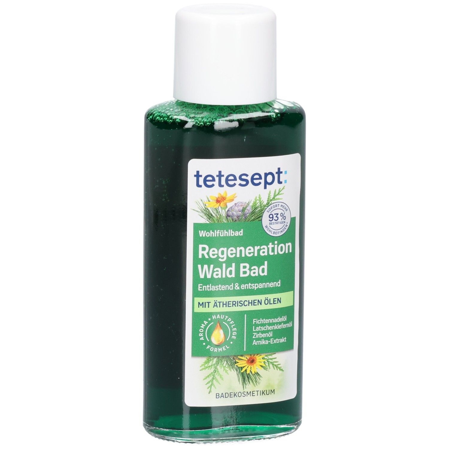 tetesept® Regeneration Wald Bad. Liquide vert dans une bouteille à bouchon blanc. Étiquette avec nom du produit et ingrédients.