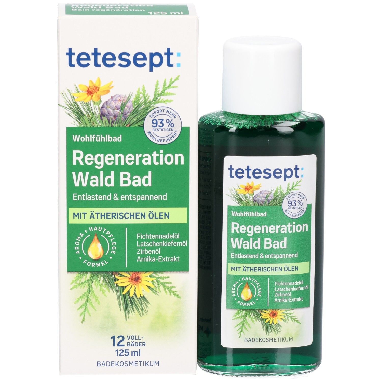 tetesept® Regeneration Wald Bad et emballage. Bouteille et carton avec nom du produit, ingrédients et logo.