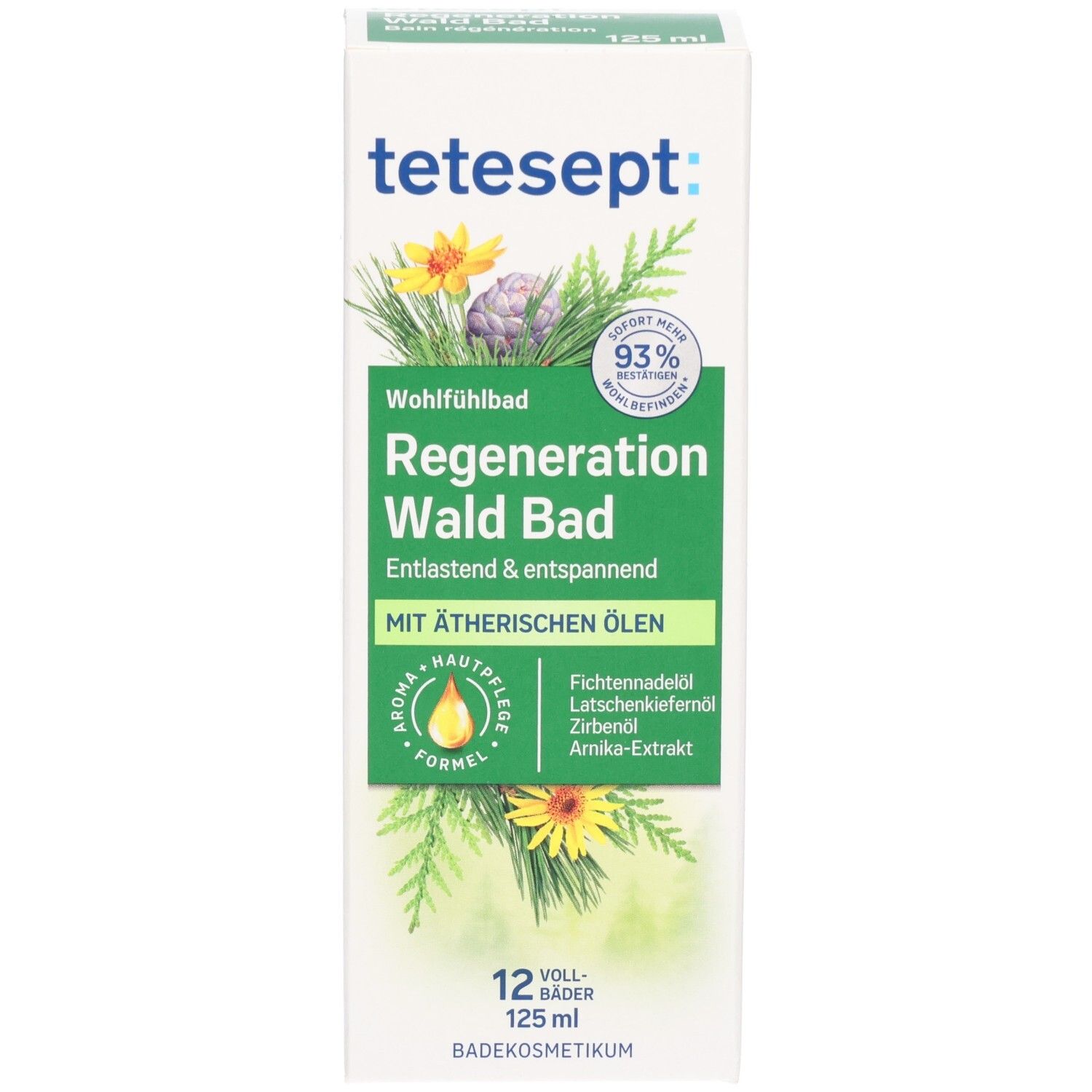 tetesept® Regeneration Wald Bad. Emballage avec nom du produit, ingrédients et logo. Bouteille non visible.