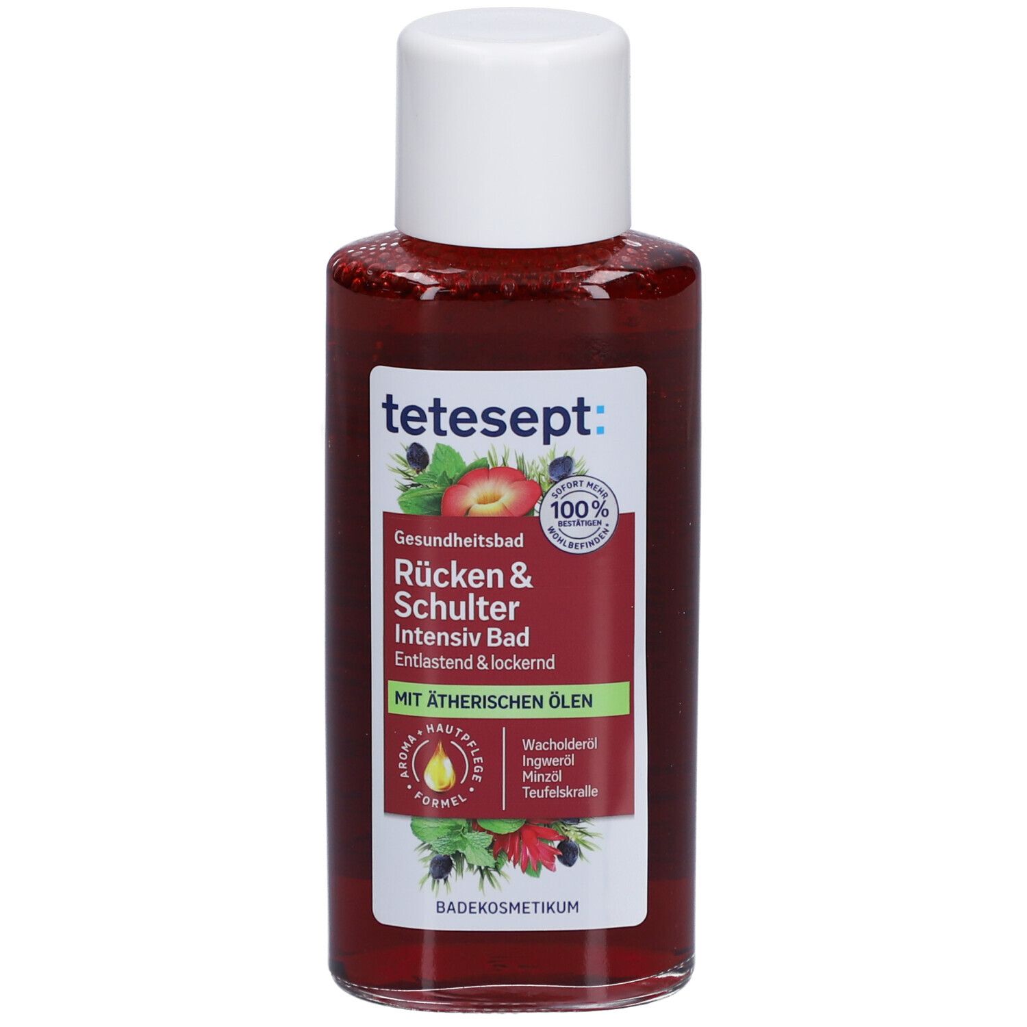 tetesept® Rücken & Schulter Intensiv Bad. Liquide rouge dans une bouteille à bouchon blanc. Inscription.