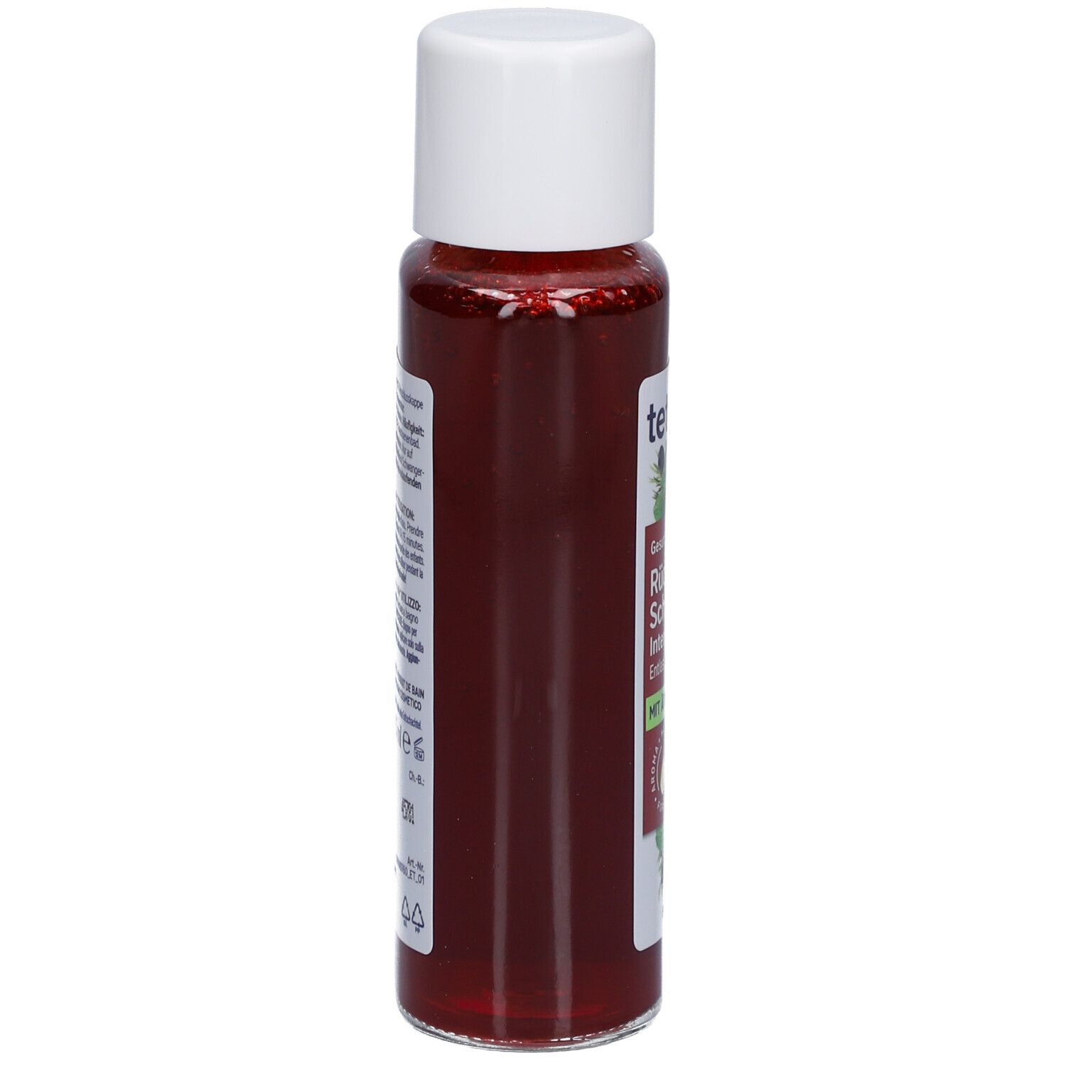 tetesept® Rücken & Schulter Intensiv Bad. Liquide rouge dans une bouteille à bouchon blanc. Vue latérale.
