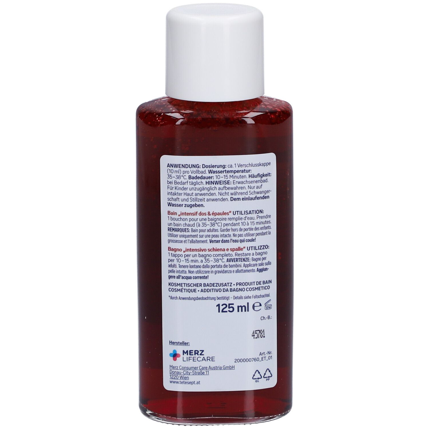 tetesept® Rücken & Schulter Intensiv Bad. Dos de la bouteille avec informations et ingrédients.