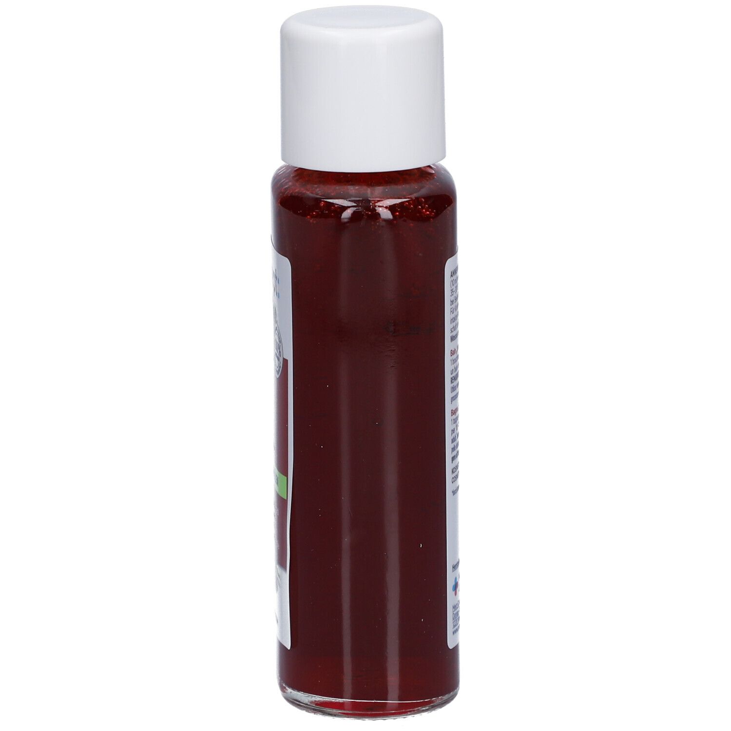 tetesept® Rücken & Schulter Intensiv Bad. Liquide rouge dans une bouteille à bouchon blanc. Vue latérale.