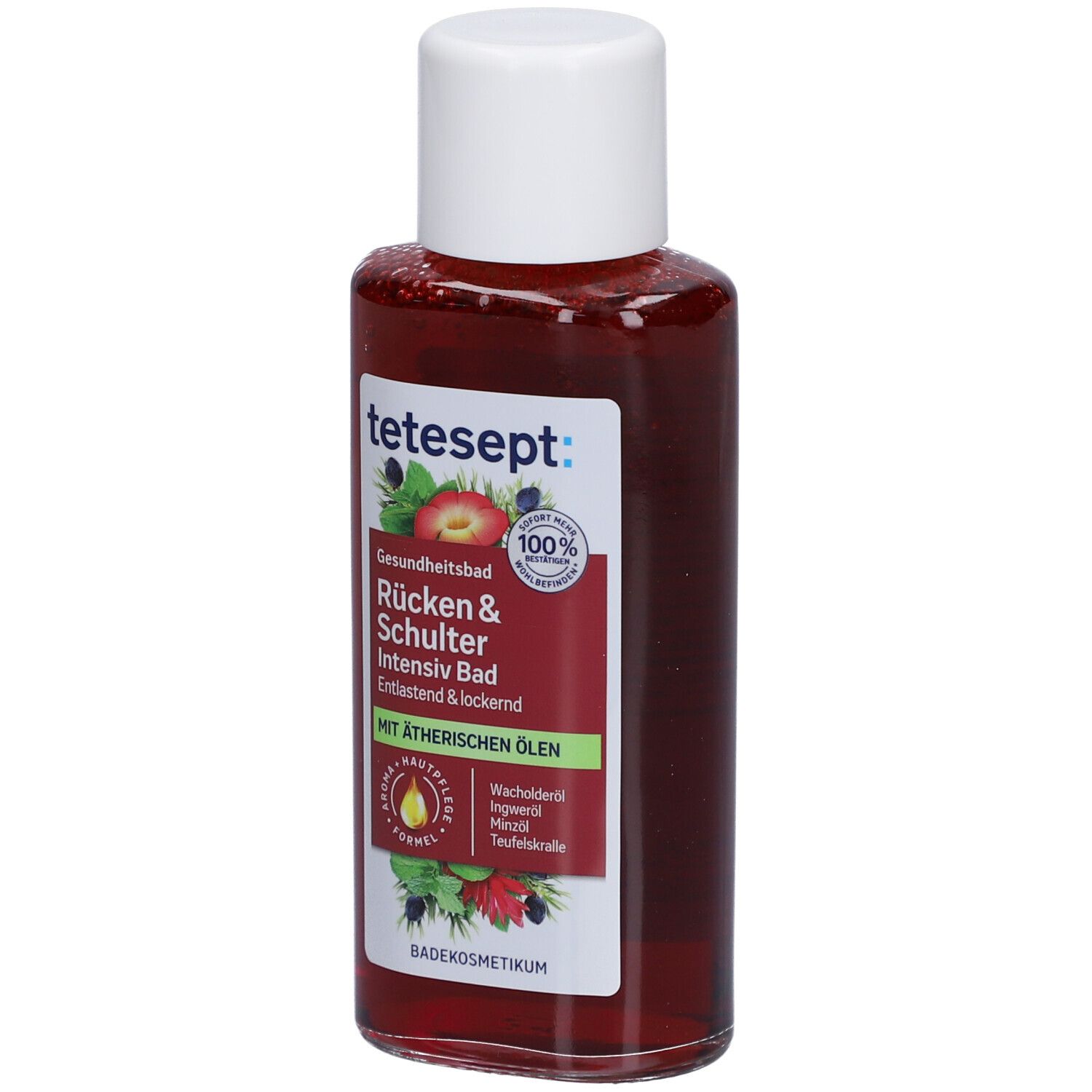 tetesept® Rücken & Schulter Intensiv Bad. Liquide rouge dans une bouteille à bouchon blanc. Inscription.