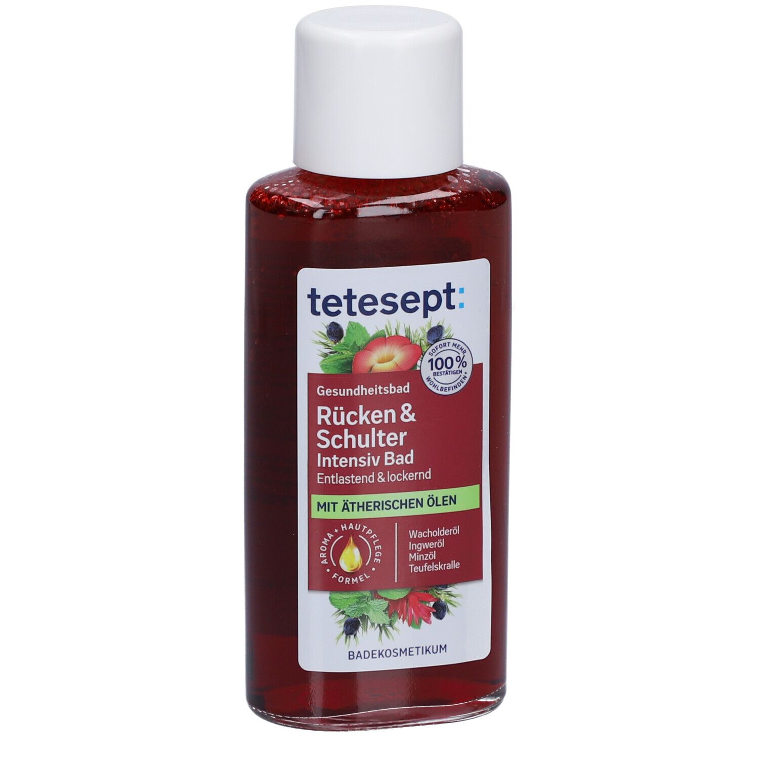 tetesept® Rücken & Schulter Intensiv Bad. Liquide rouge dans une bouteille à bouchon blanc. Inscription.