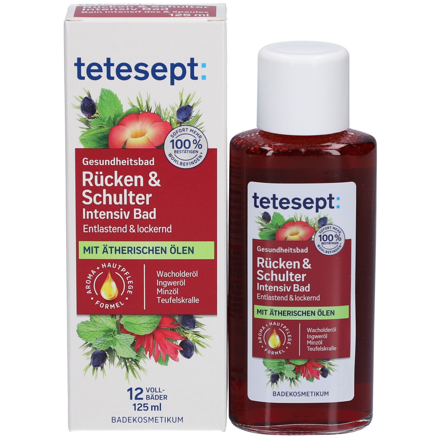 tetesept® Rücken & Schulter Intensiv Bad et emballage. Bouteille et carton avec inscription et illustrations.