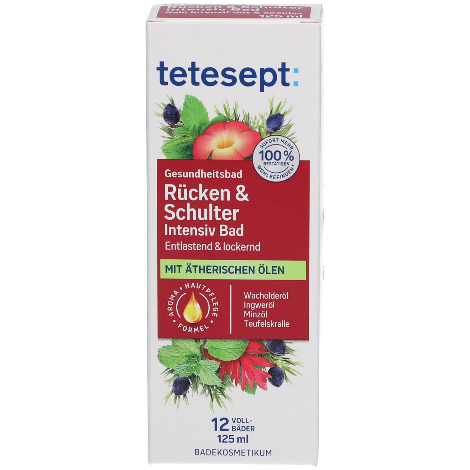 tetesept® Rücken & Schulter Intensiv Bad. Emballage avec inscription et illustrations.