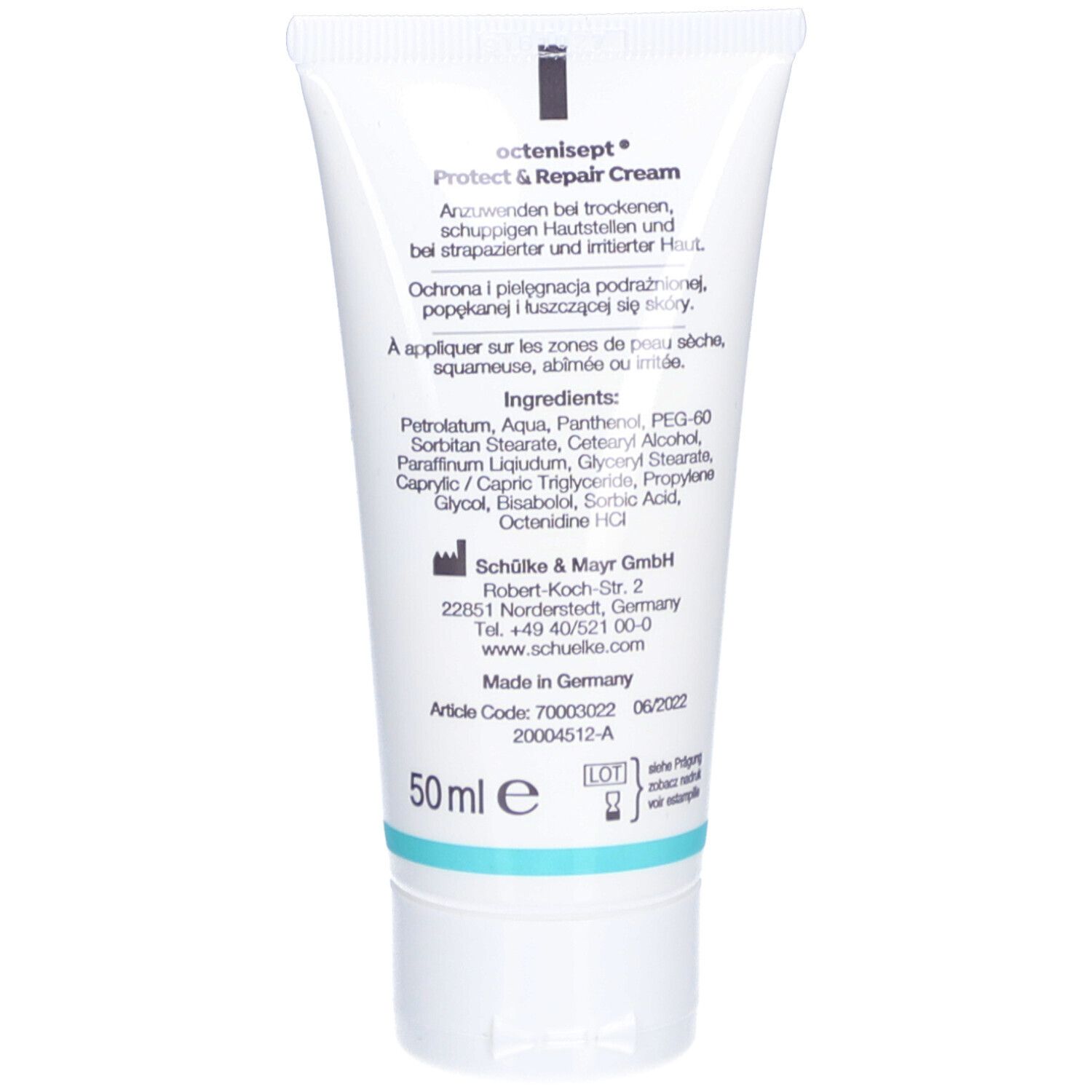 Dos du tube de crème octenisept® protect & repair. Ingrédients et informations fabricant. 50 ml.