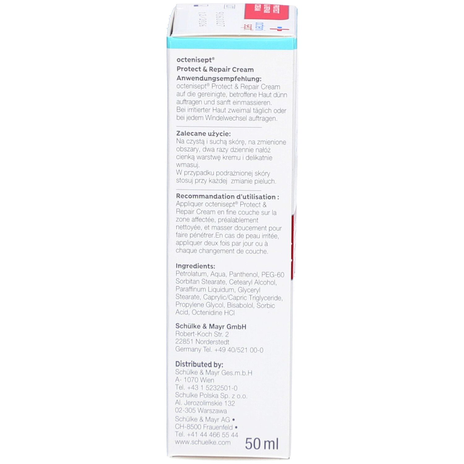 Côté de l'emballage de crème octenisept® protect & repair. Instructions et ingrédients. 50 ml.