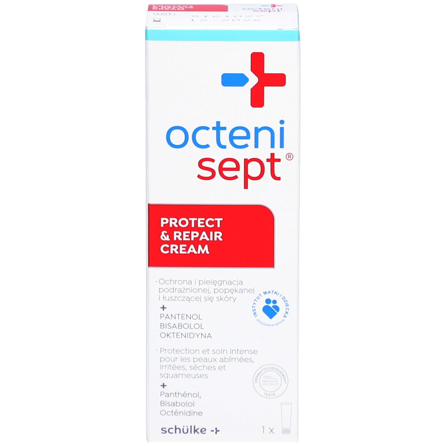 Emballage de crème octenisept® protect & repair. Emballage blanc avec texte rouge. Contient des informations.