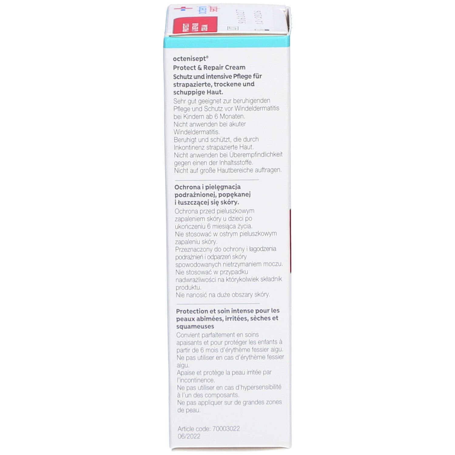 Côté de l'emballage de crème octenisept® protect & repair. Instructions et ingrédients.