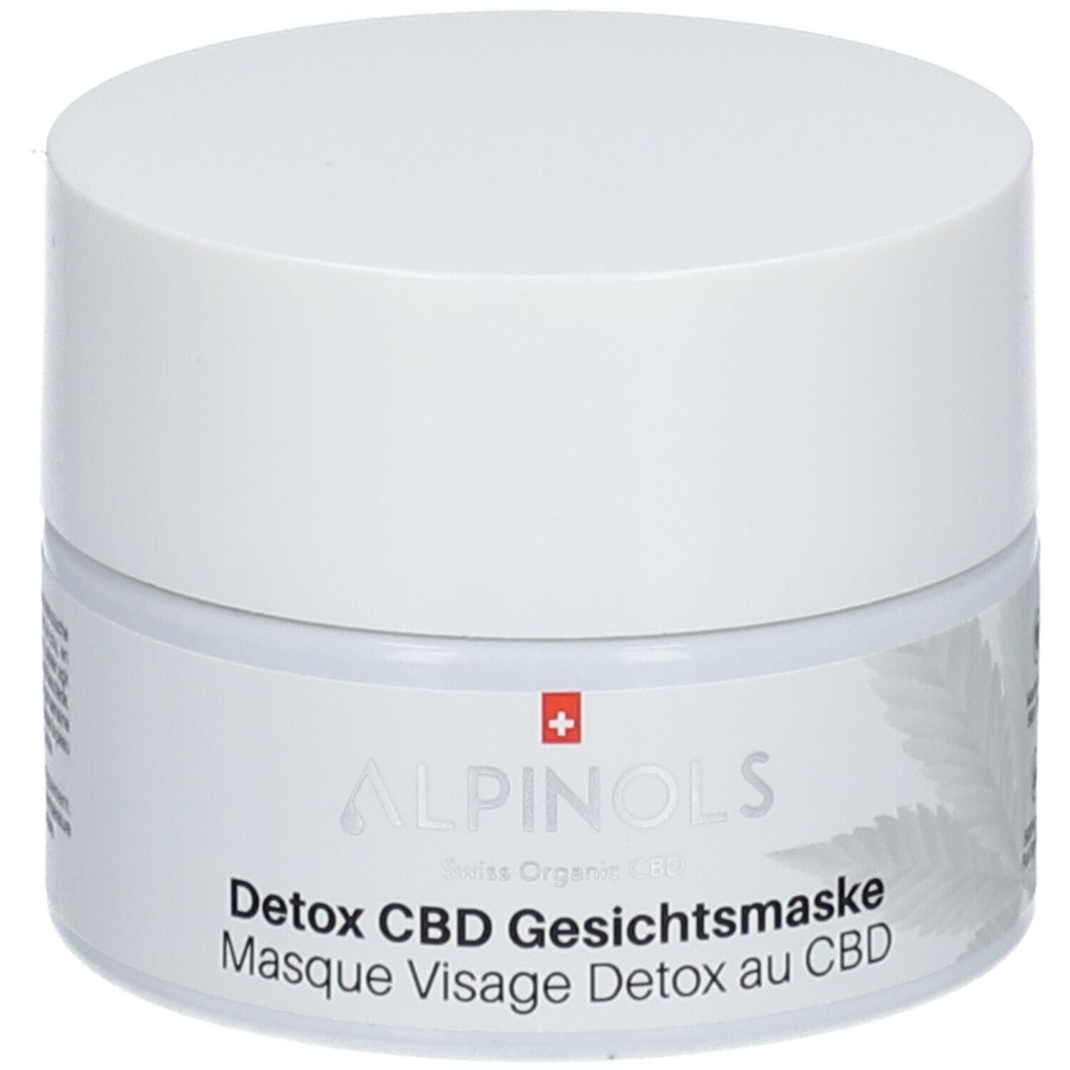 Pot blanc avec couvercle. Inscription: ALPINOLS Detox CBD Gesichtsmaske. Croix suisse.