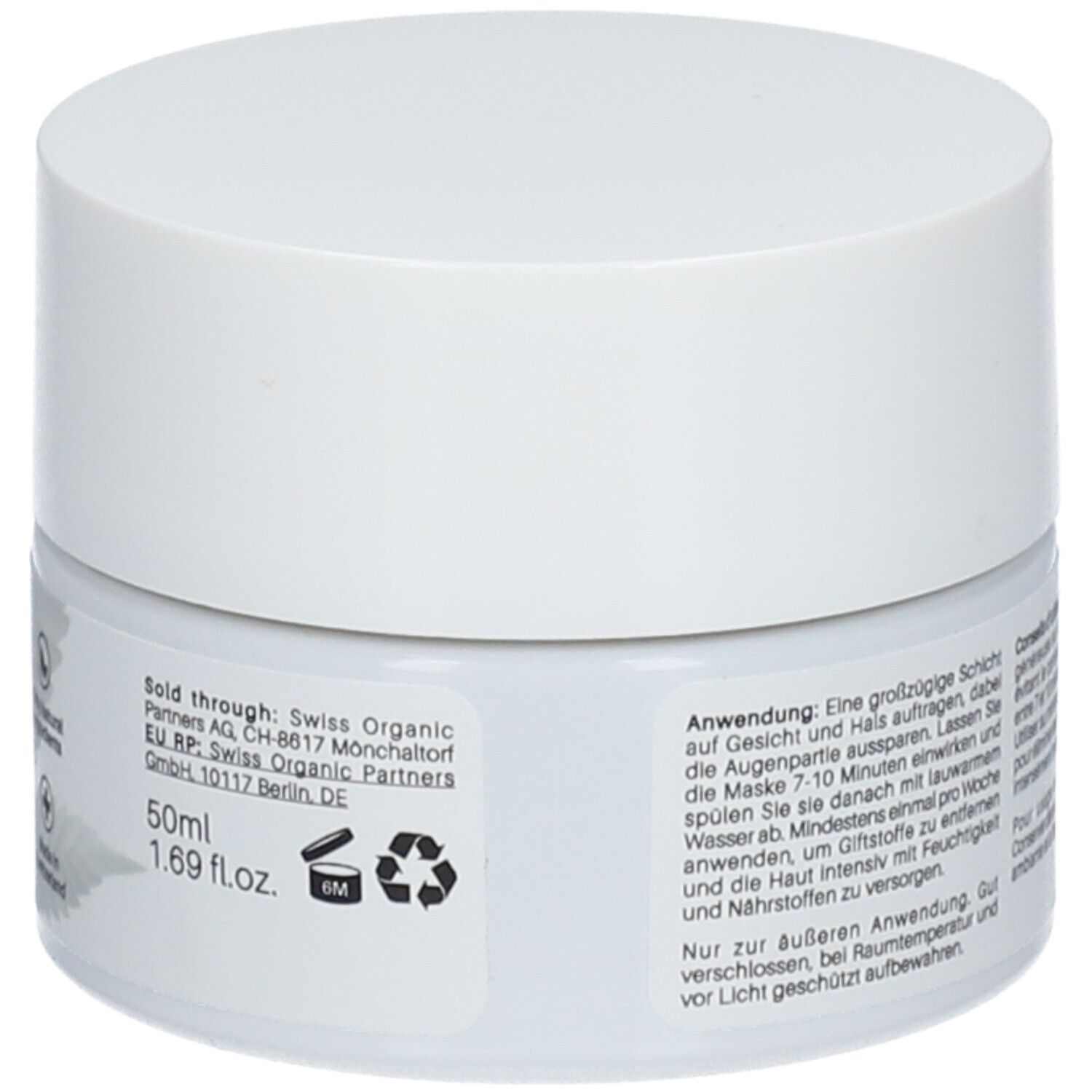 Pot blanc avec couvercle. Inscription: 50ml, 1.69 fl.oz. Symbole de recyclage. Texte: Swiss Organic Partners.