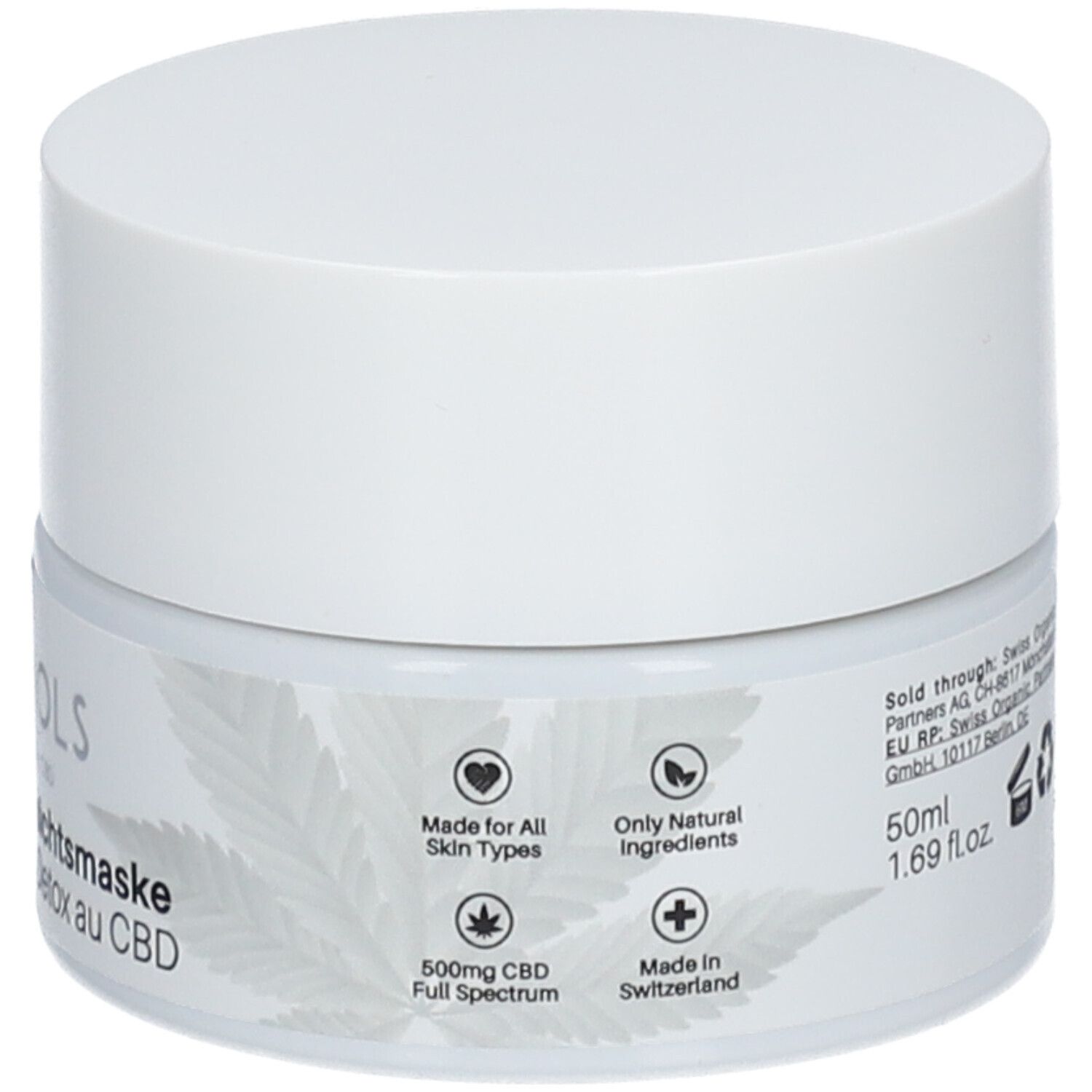 Pot blanc avec couvercle. Inscription: 50ml, 1.69 fl.oz. Texte: Made for All Skin Types, Only Natural Ingredients.