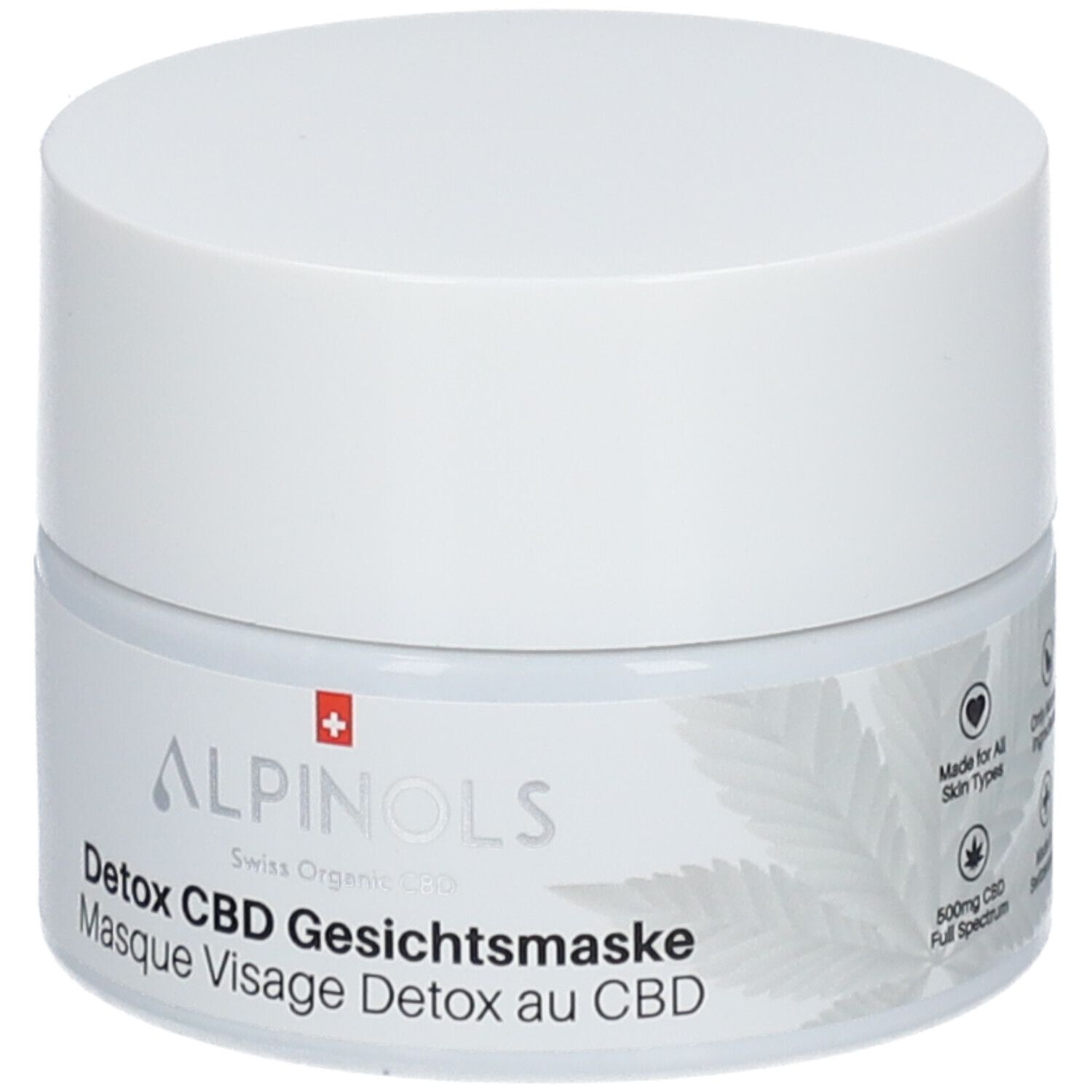 Pot blanc avec couvercle. Inscription: ALPINOLS Detox CBD Gesichtsmaske. Croix suisse.
