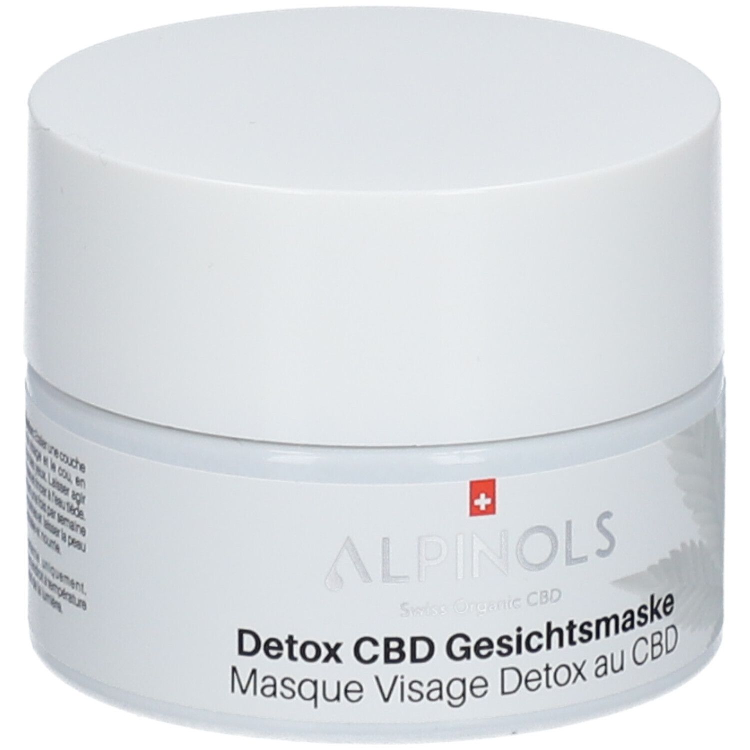Pot blanc avec couvercle. Inscription: ALPINOLS Detox CBD Gesichtsmaske. Croix suisse.
