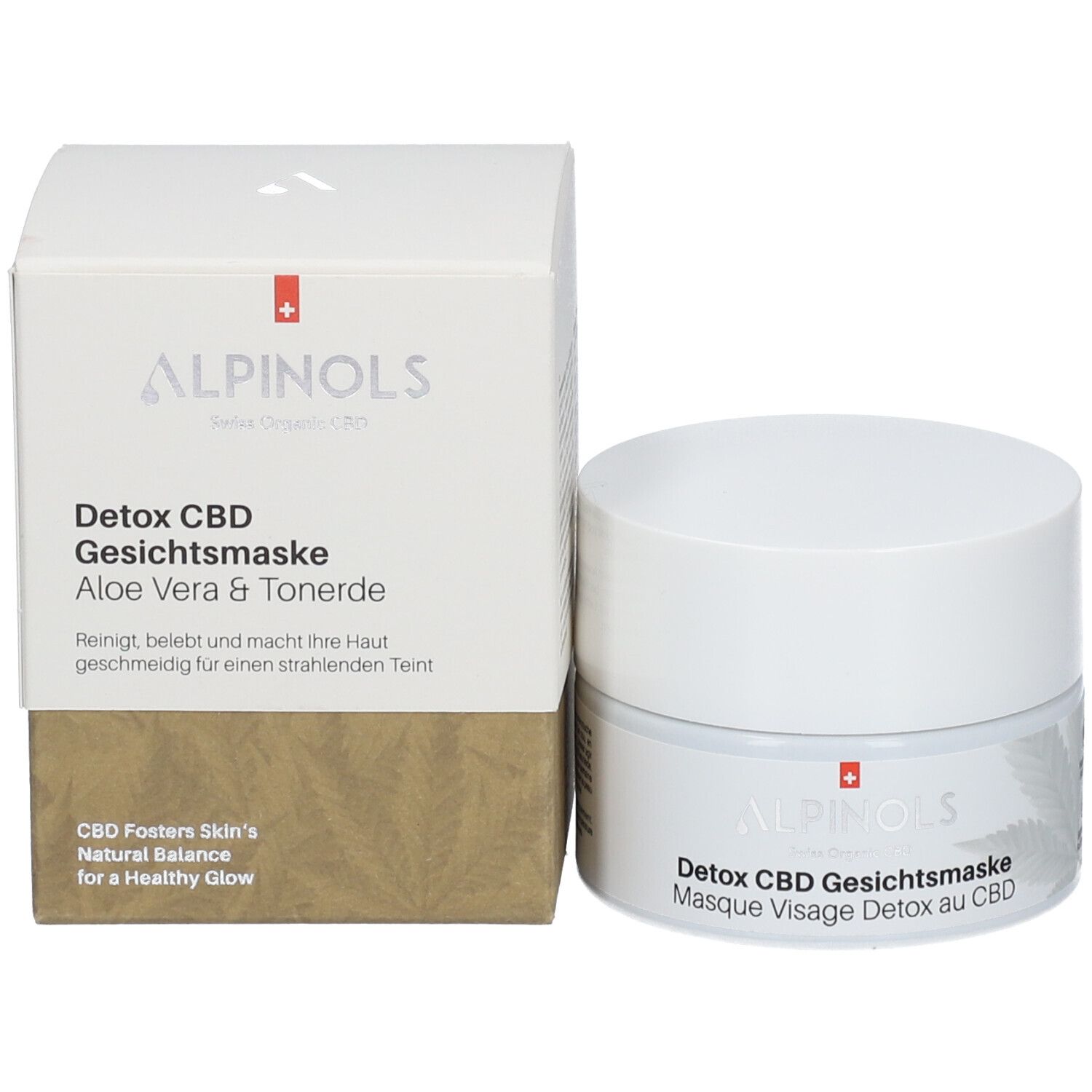 Emballage du produit: pot et boîte. Inscription: ALPINOLS Detox CBD Gesichtsmaske Aloe Vera & Tonerde.