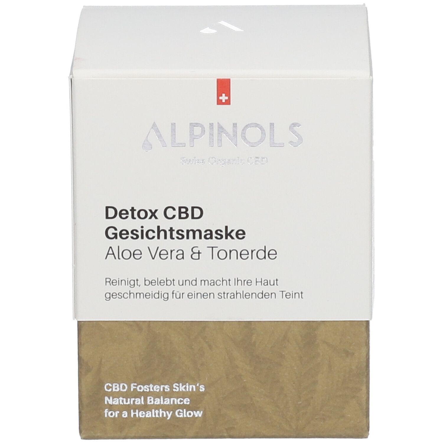 Emballage du produit: boîte. Inscription: ALPINOLS Detox CBD Gesichtsmaske Aloe Vera & Tonerde.