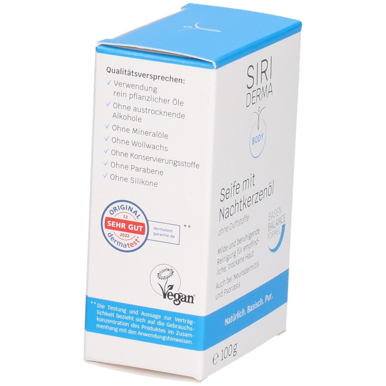 Dos de l'emballage du savon SIRIDERMA à l'huile d'onagre. Contient du texte sur les ingrédients et les propriétés. Code-barres.