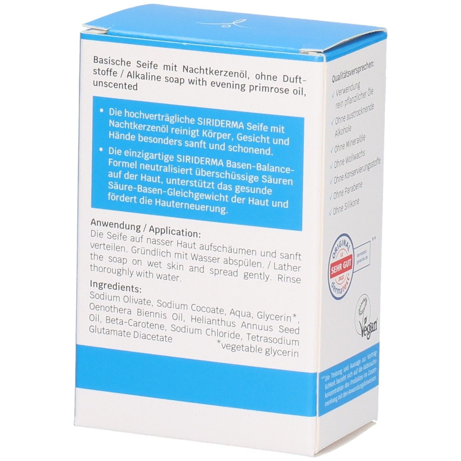 Emballage du savon SIRIDERMA à l'huile d'onagre. Texte sur les ingrédients et l'utilisation. Code-barres.