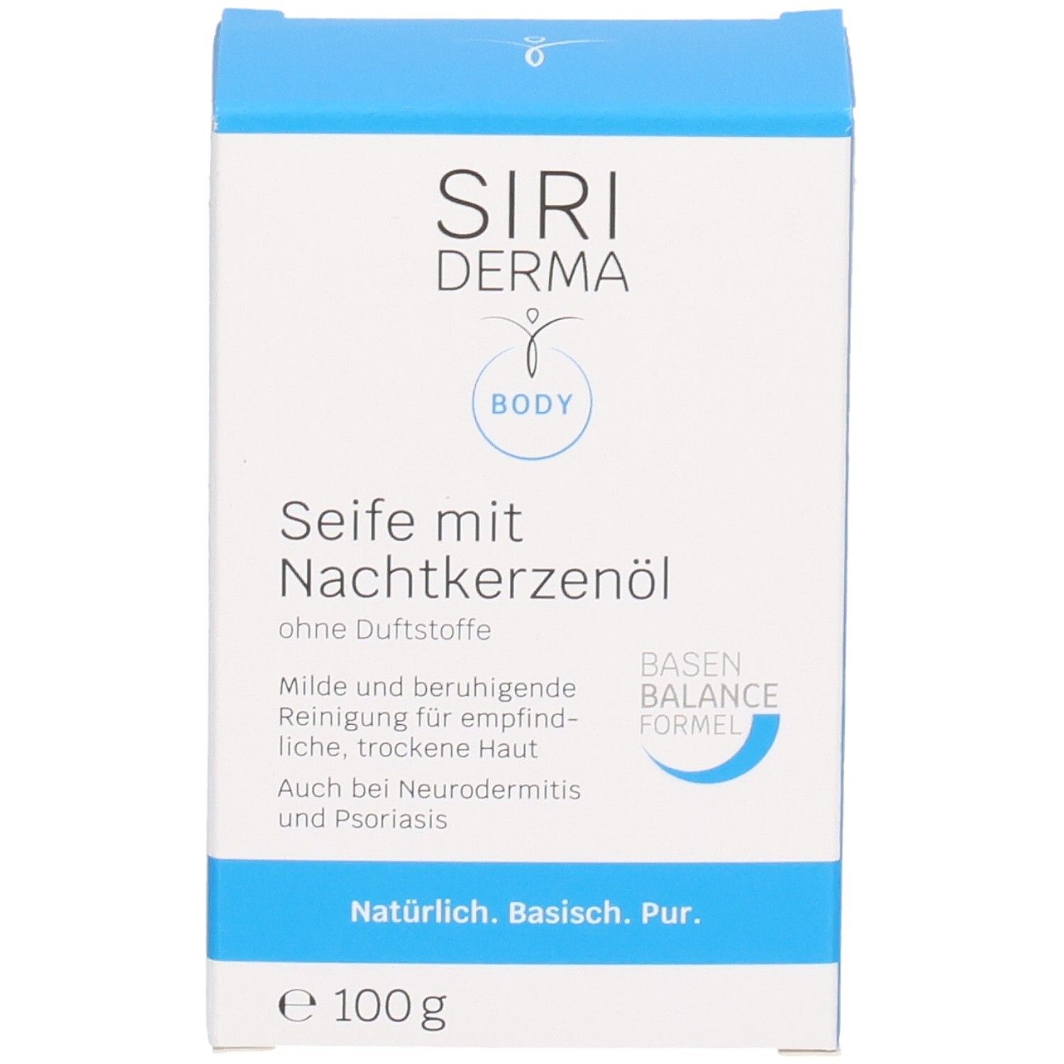 Emballage du savon SIRIDERMA à l'huile d'onagre. Boîte bleue et blanche. Texte : 'Basen Balance Formel'.