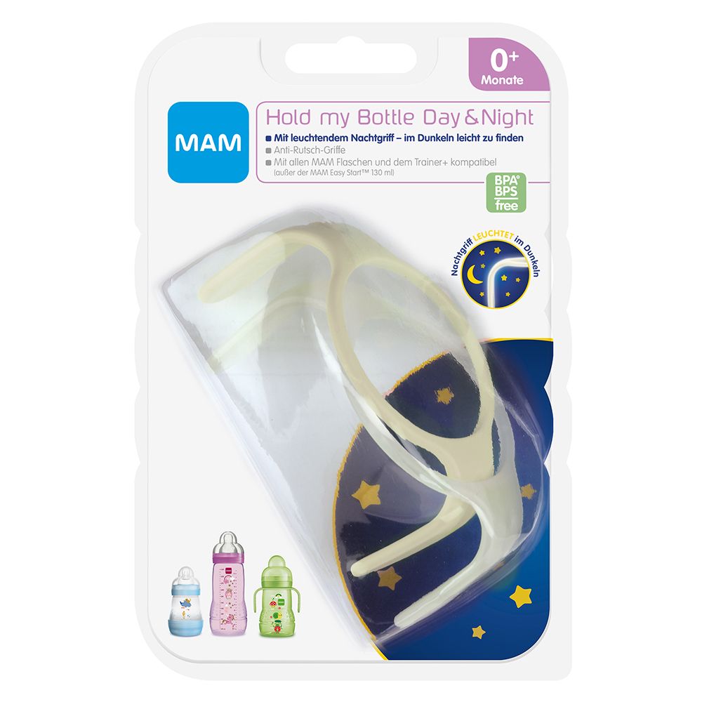 Emballage MAM Hold my Bottle Day & Night. Comprend une poignée claire, sans BPA, avec fonction luminescente. Convient aux bébés de 0+ mois.