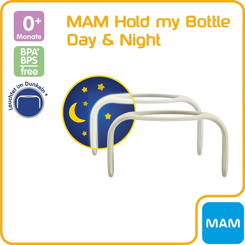 Poignée MAM Hold my Bottle Day & Night. Support clair en forme de U avec fonction luminescente. Sans BPA. Logo MAM. 0+ mois.