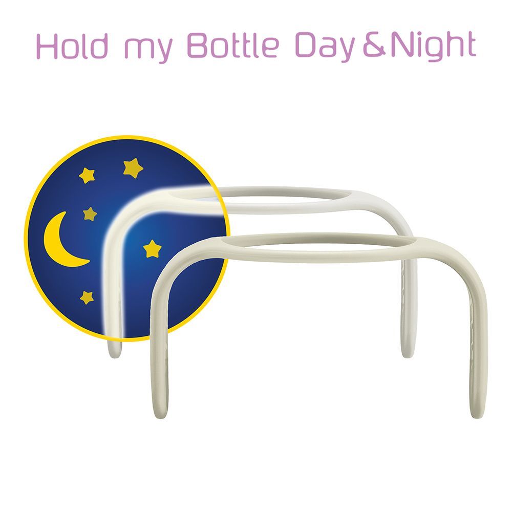 Poignée MAM Hold my Bottle Day & Night. Support clair en forme de U avec fonction luminescente. Pour biberons.