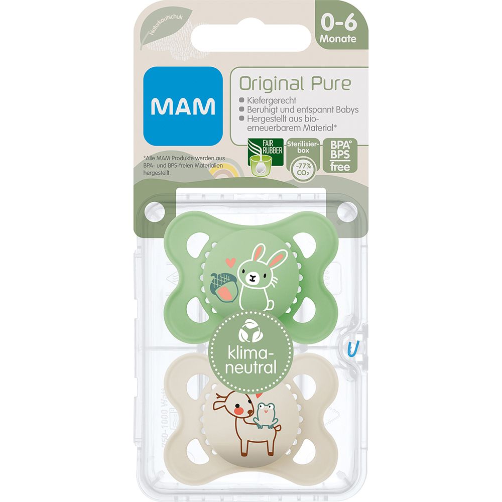 Sucettes MAM Original Pure, 0-6 mois, vertes et beiges. Paquet de deux. Adapté à la mâchoire.