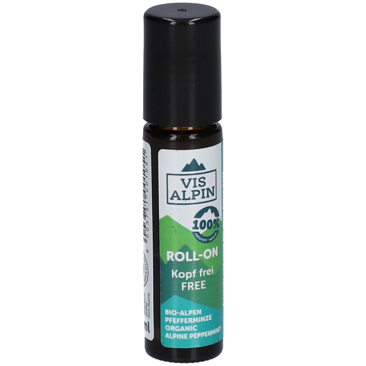 Flacon roll-on avec bouchon noir. Inscription : VIS ALPIN, ROLL-ON Kopf frei. Étiquette verte et blanche.