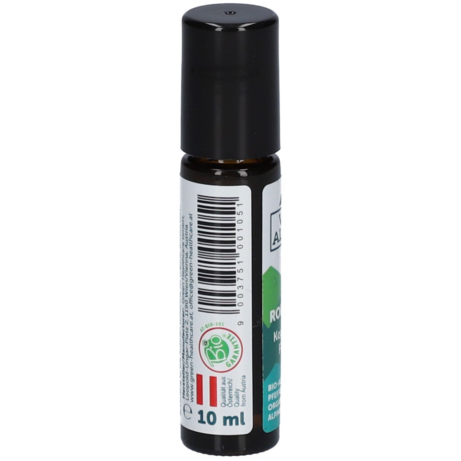 Flacon roll-on avec bouchon noir. Code-barres et texte sur l'étiquette. Inscription : 10 ml.
