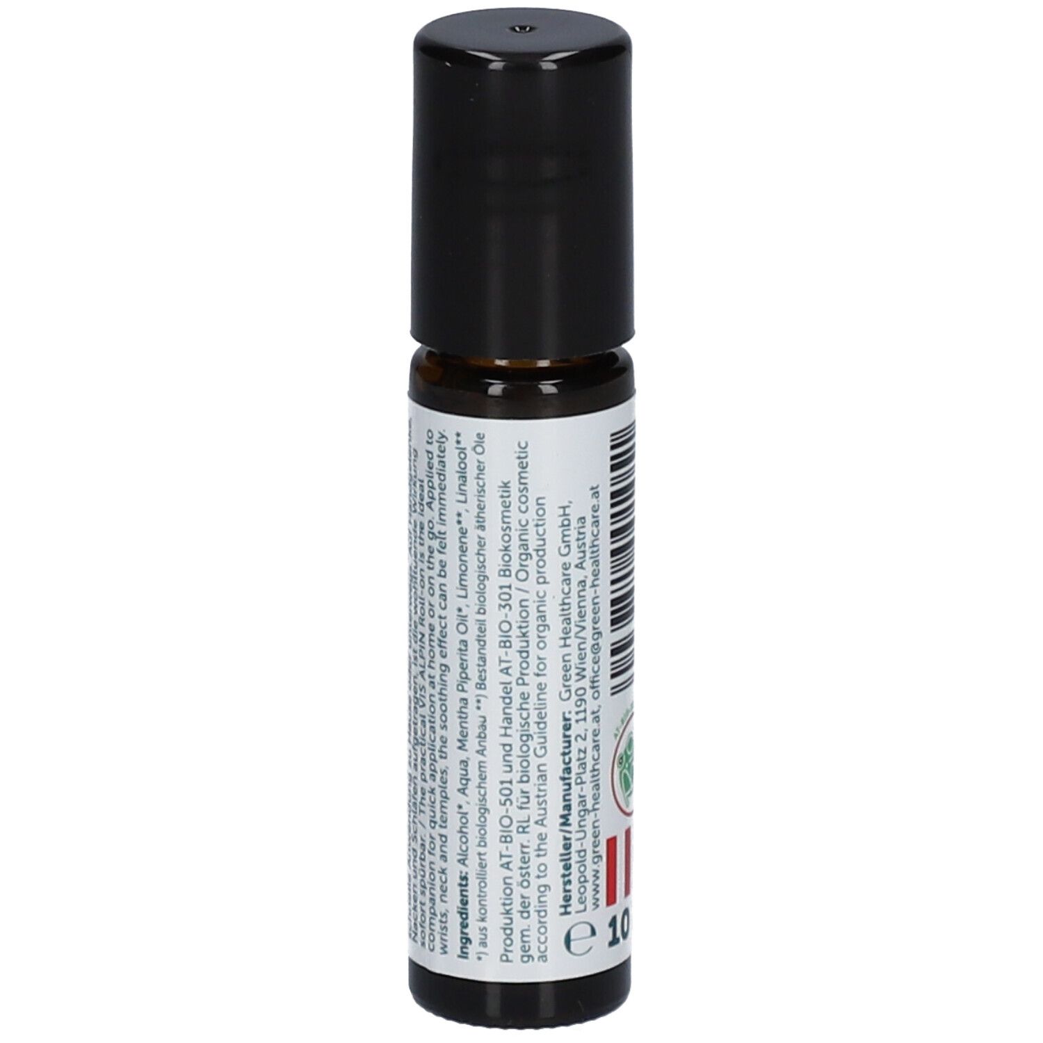 Flacon roll-on avec bouchon noir. Texte sur l'étiquette. Inscription : 10 ml. Étiquette verte et blanche.