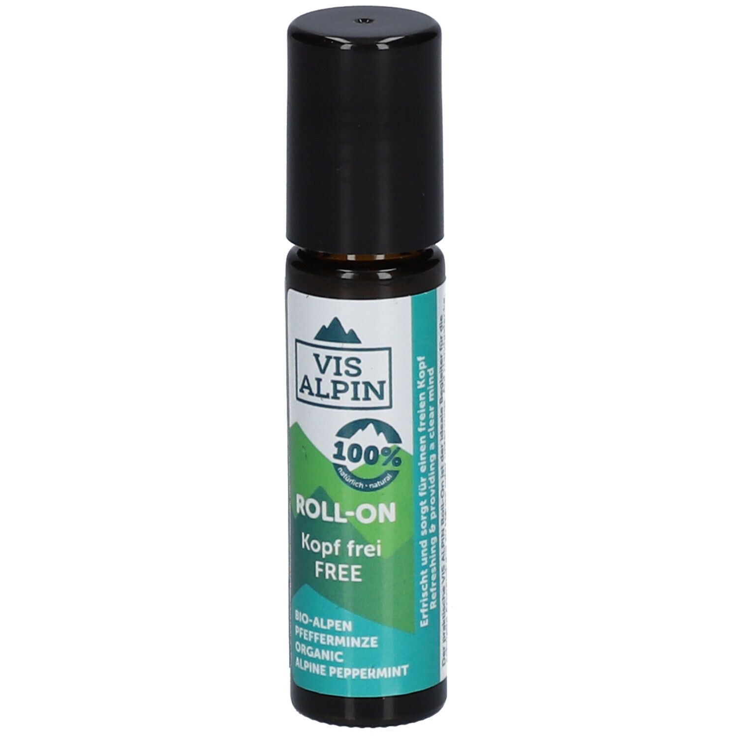 Flacon roll-on avec bouchon noir. Inscription : VIS ALPIN, ROLL-ON Kopf frei. Étiquette verte et blanche.