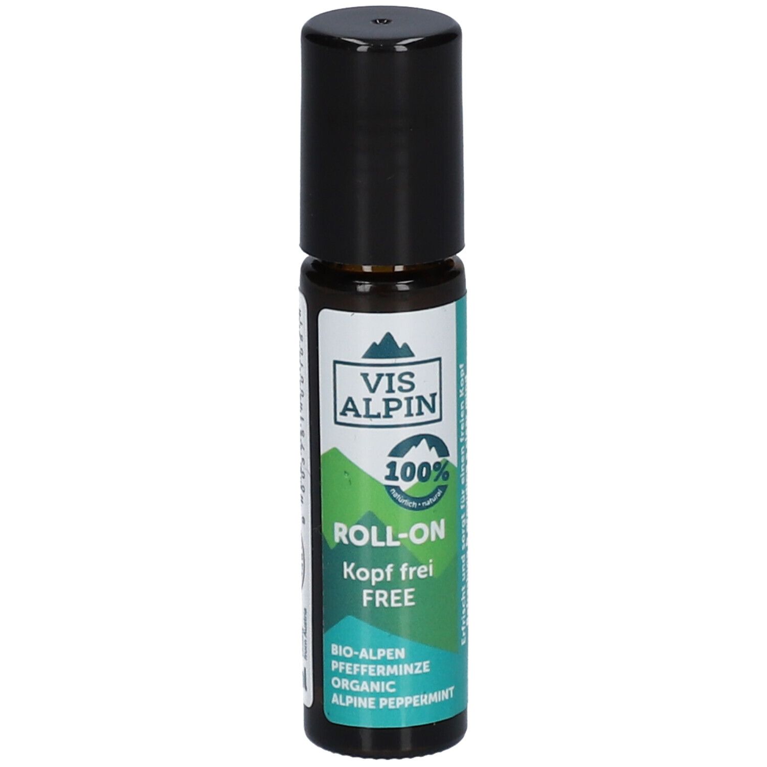 Flacon roll-on avec bouchon noir. Inscription : VIS ALPIN, ROLL-ON Kopf frei. Étiquette verte et blanche.