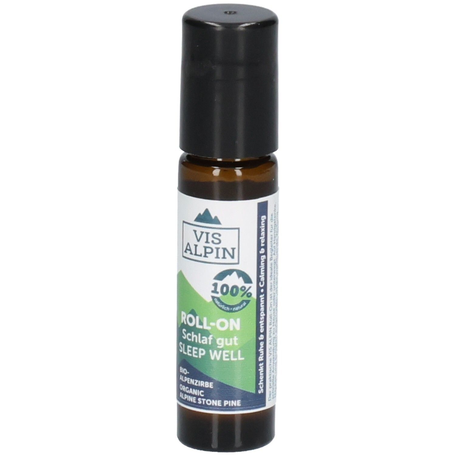 Flacon en verre brun avec bouchon noir. VIS ALPIN Roll-On, Schlaf gut, apaisant & relaxant. 100% naturel.
