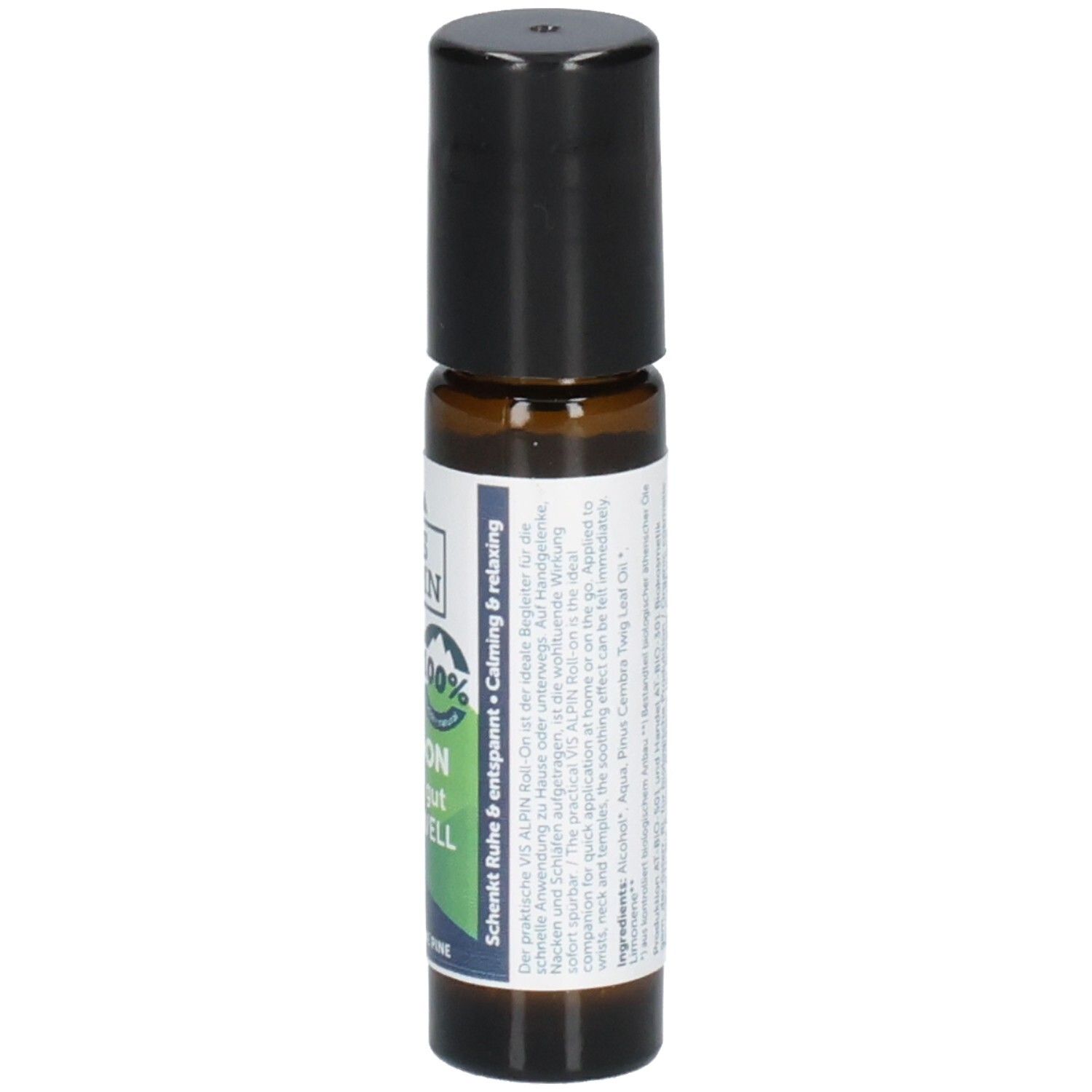 Flacon en verre brun avec bouchon noir. VIS ALPIN Roll-On, Schlaf gut, apaisant & relaxant. Texte et ingrédients.