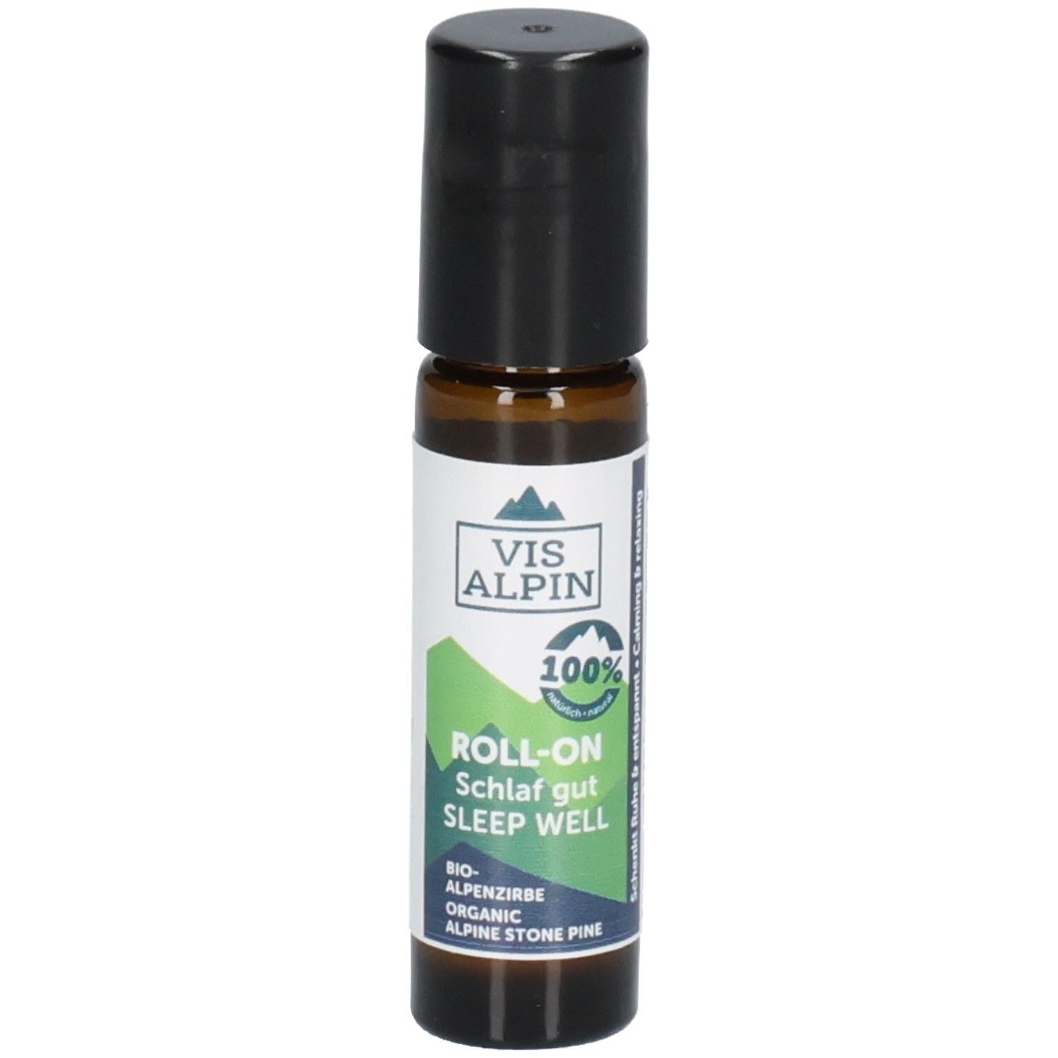 Flacon en verre brun avec bouchon noir. VIS ALPIN Roll-On, Schlaf gut, 100% naturel. Bio-Pin de montagne.