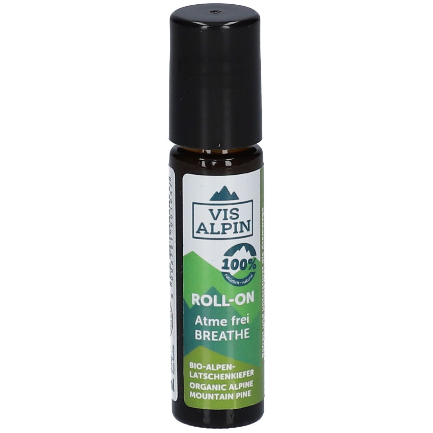 Flacon en verre brun avec bouchon noir. Étiquette avec "VIS ALPIN", "ROLL-ON", "Atme frei" et éléments verts.
