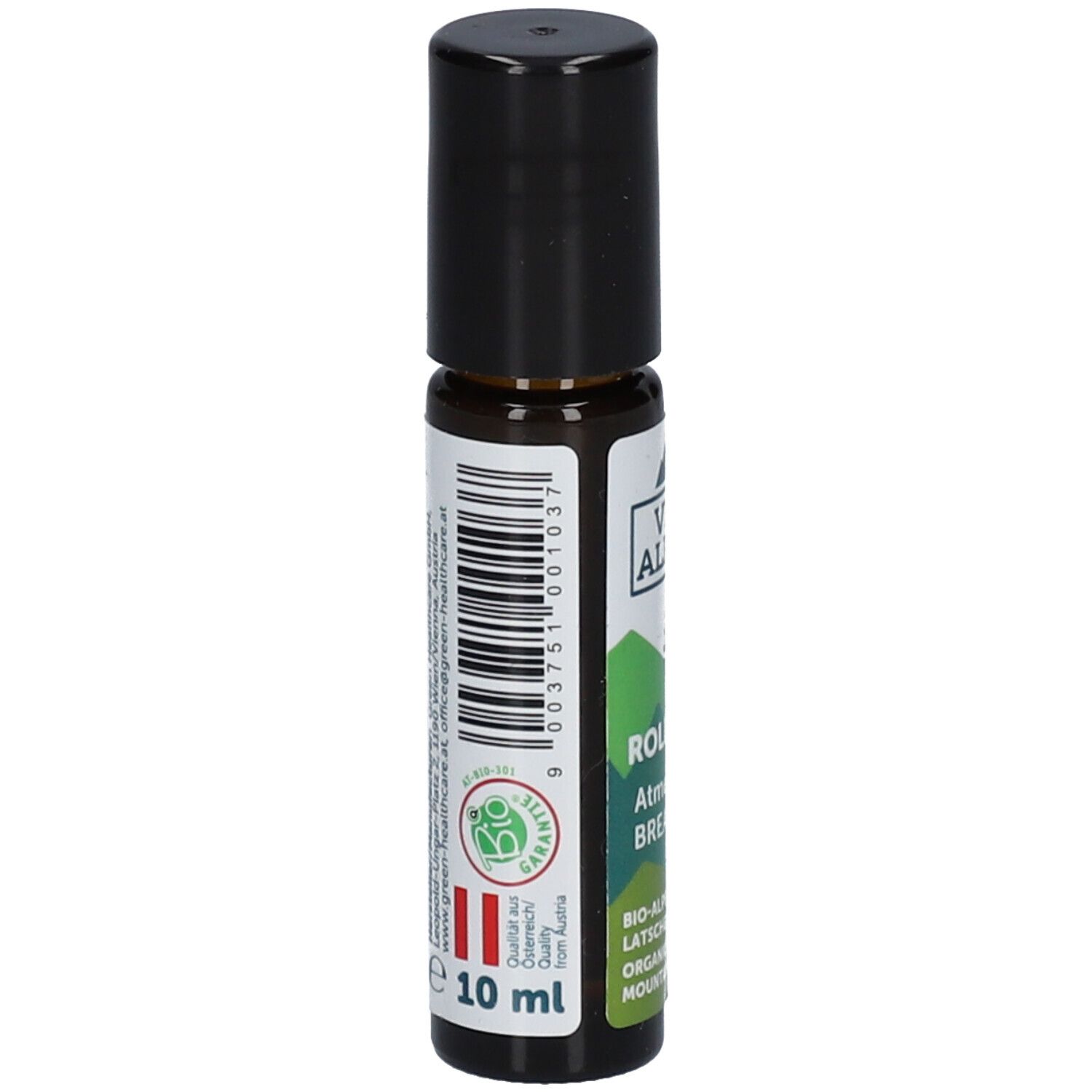 Flacon en verre brun avec bouchon noir. Étiquette avec code-barres, "10 ml" et détails verts. Logo "VIS ALPIN".