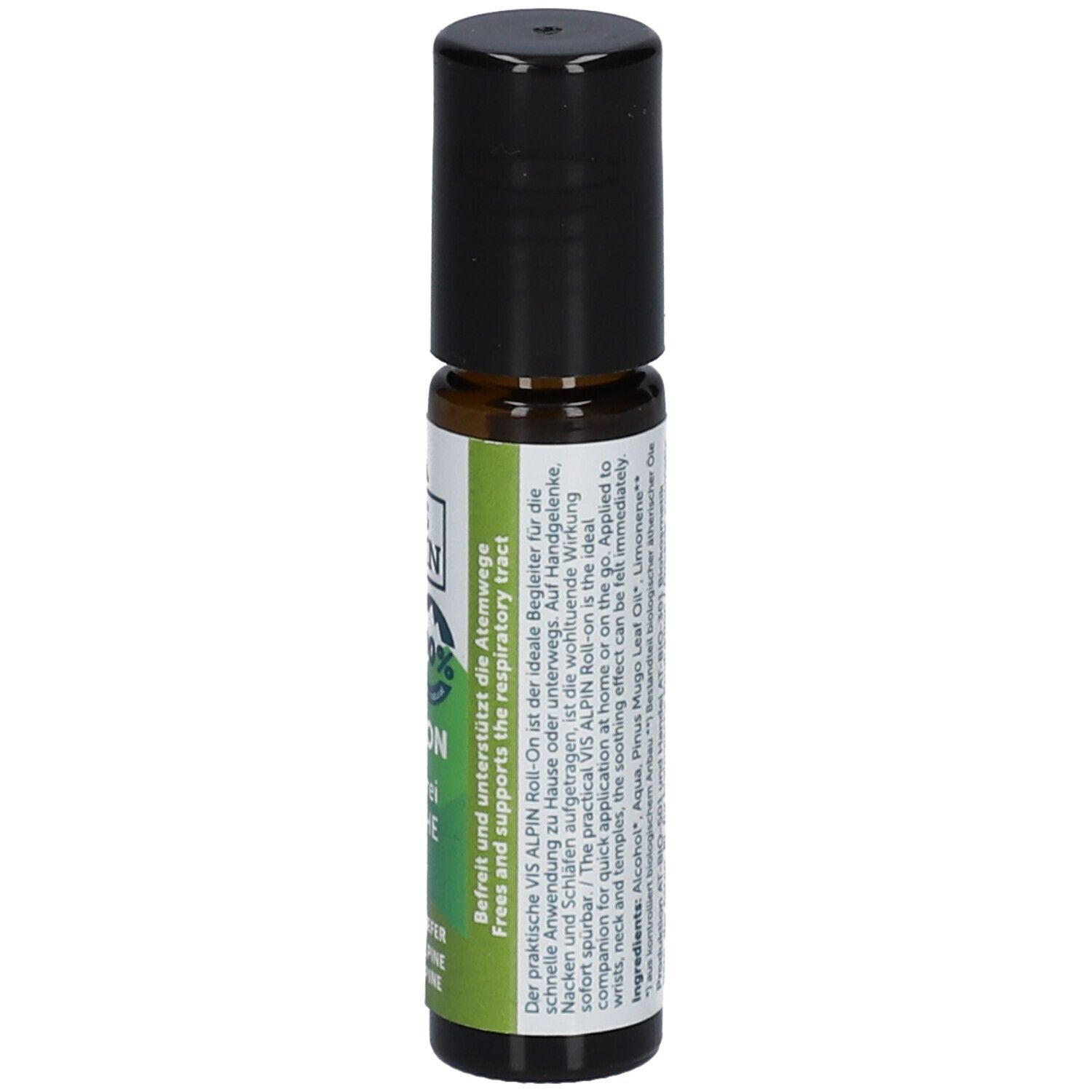 Flacon en verre brun avec bouchon noir. Étiquette avec texte, "VIS ALPIN", "ROLL-ON", "Atme frei" et éléments verts.