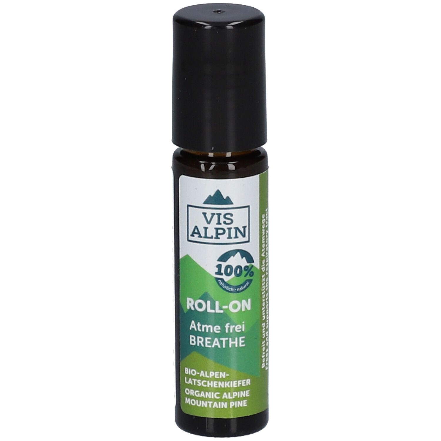 Flacon en verre brun avec bouchon noir. Étiquette avec "VIS ALPIN", "ROLL-ON", "Atme frei" et éléments verts.