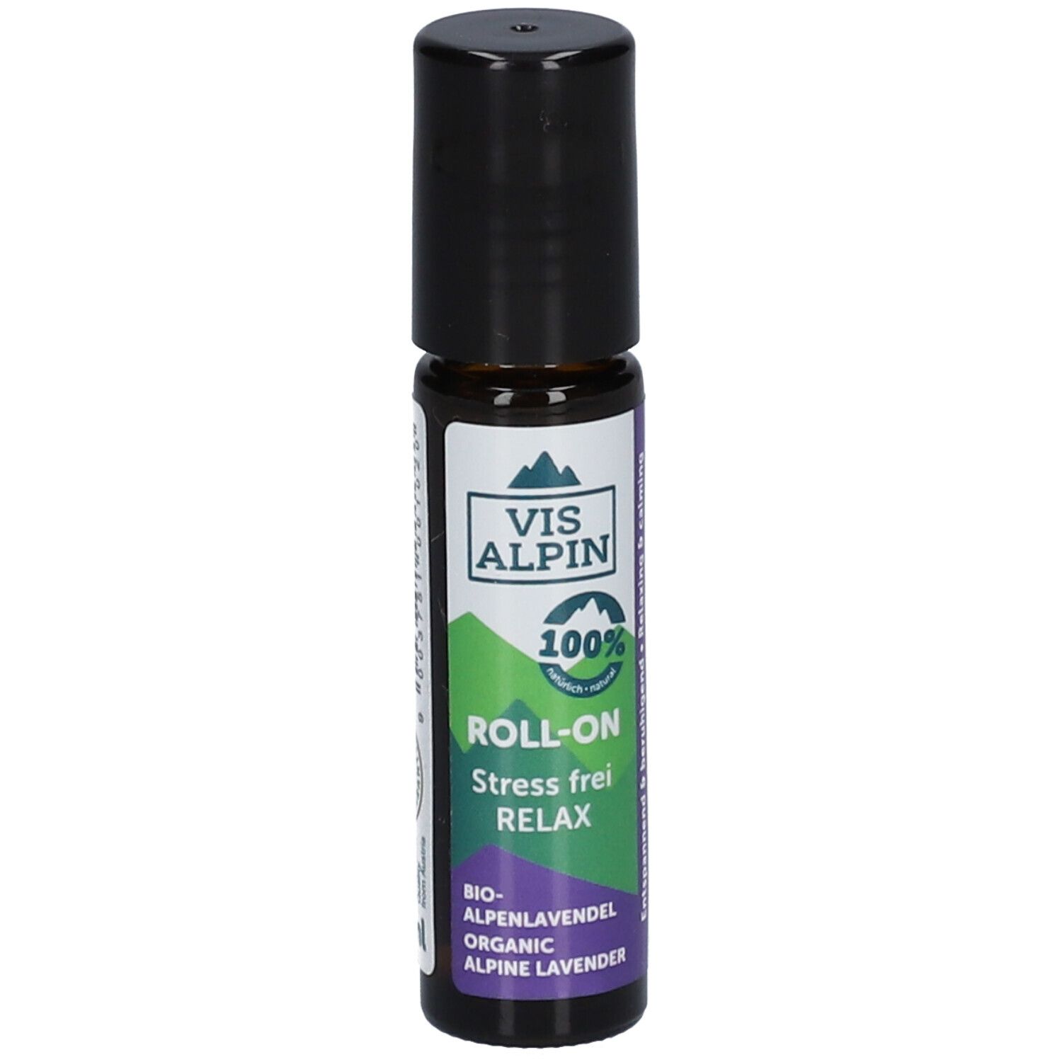 Flacon en verre brun avec bouchon noir. Étiquette avec VIS ALPIN, Roll-On, Stress frei Relax, Bio-Lavande des Alpes.