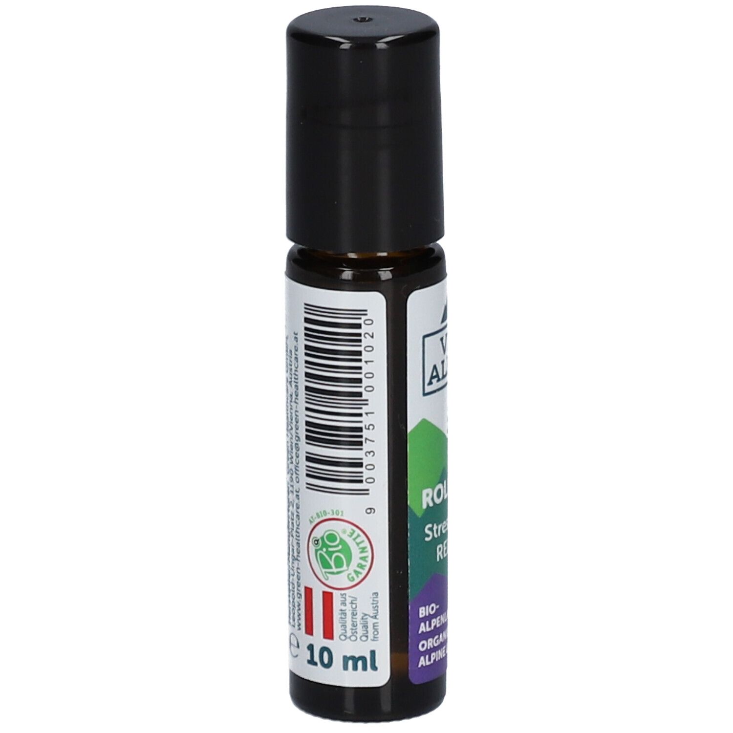Vue arrière du flacon en verre brun avec bouchon noir. Étiquette avec code-barres, 10 ml et label bio.