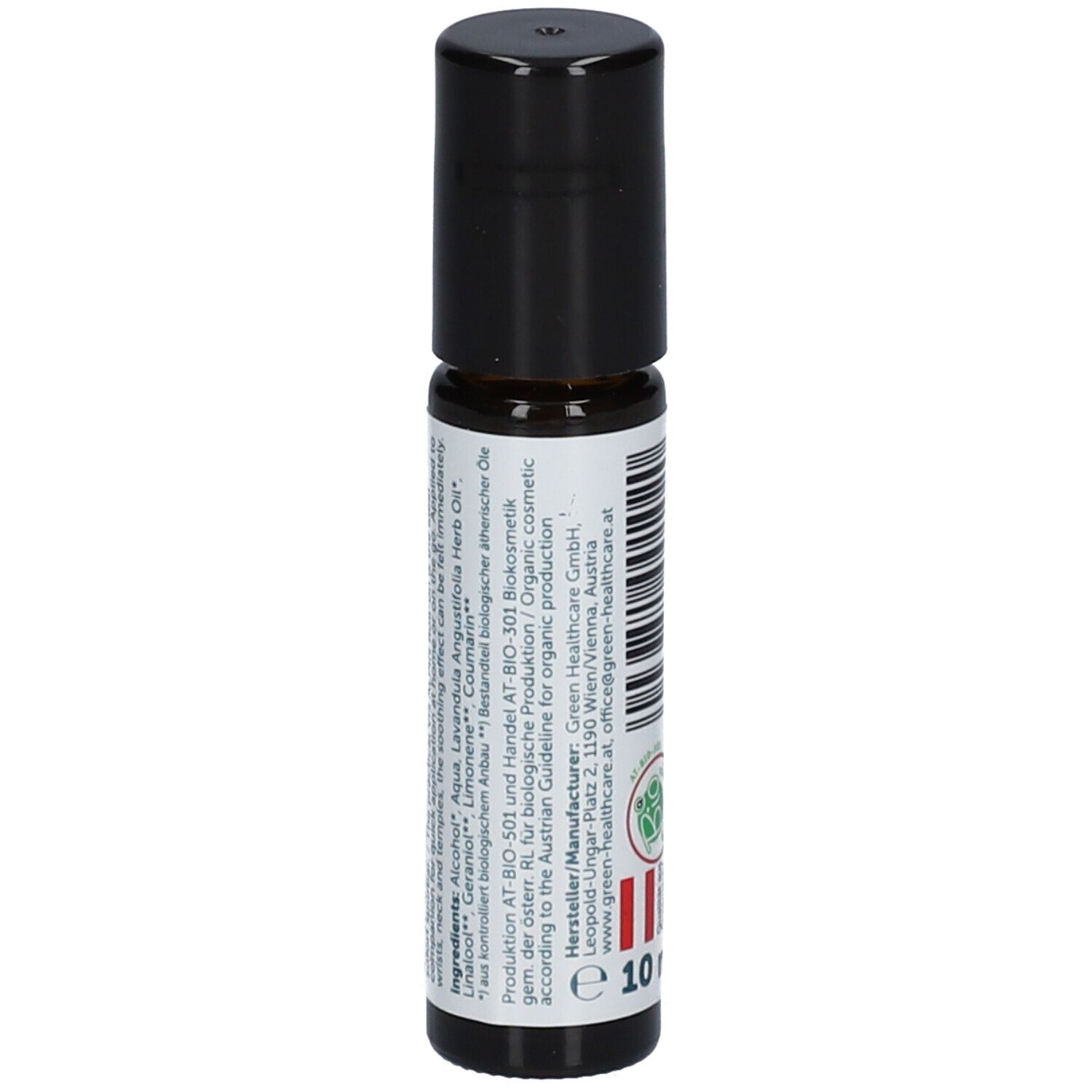 Vue arrière du flacon en verre brun avec bouchon noir. Étiquette avec ingrédients, informations fabricant et label bio.