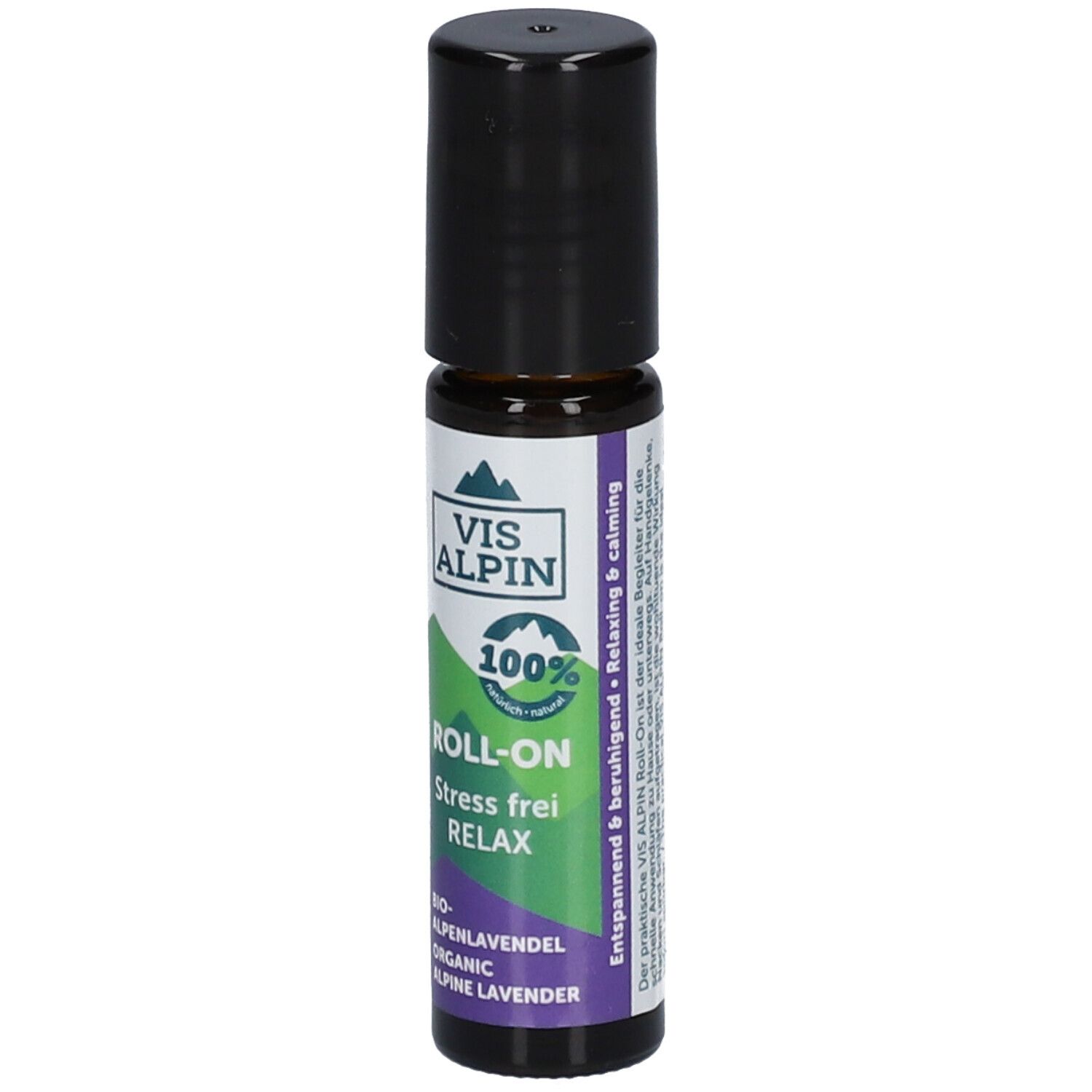 Flacon en verre brun avec bouchon noir. Étiquette avec VIS ALPIN, Roll-On, Stress frei Relax, texte et sceau 100%.