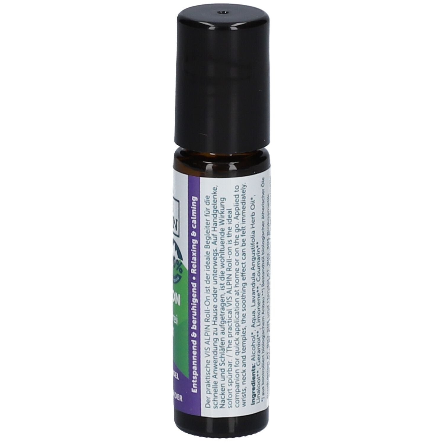 Flacon en verre brun avec bouchon noir. Étiquette avec VIS ALPIN, Roll-On, Stress frei Relax, texte et ingrédients.