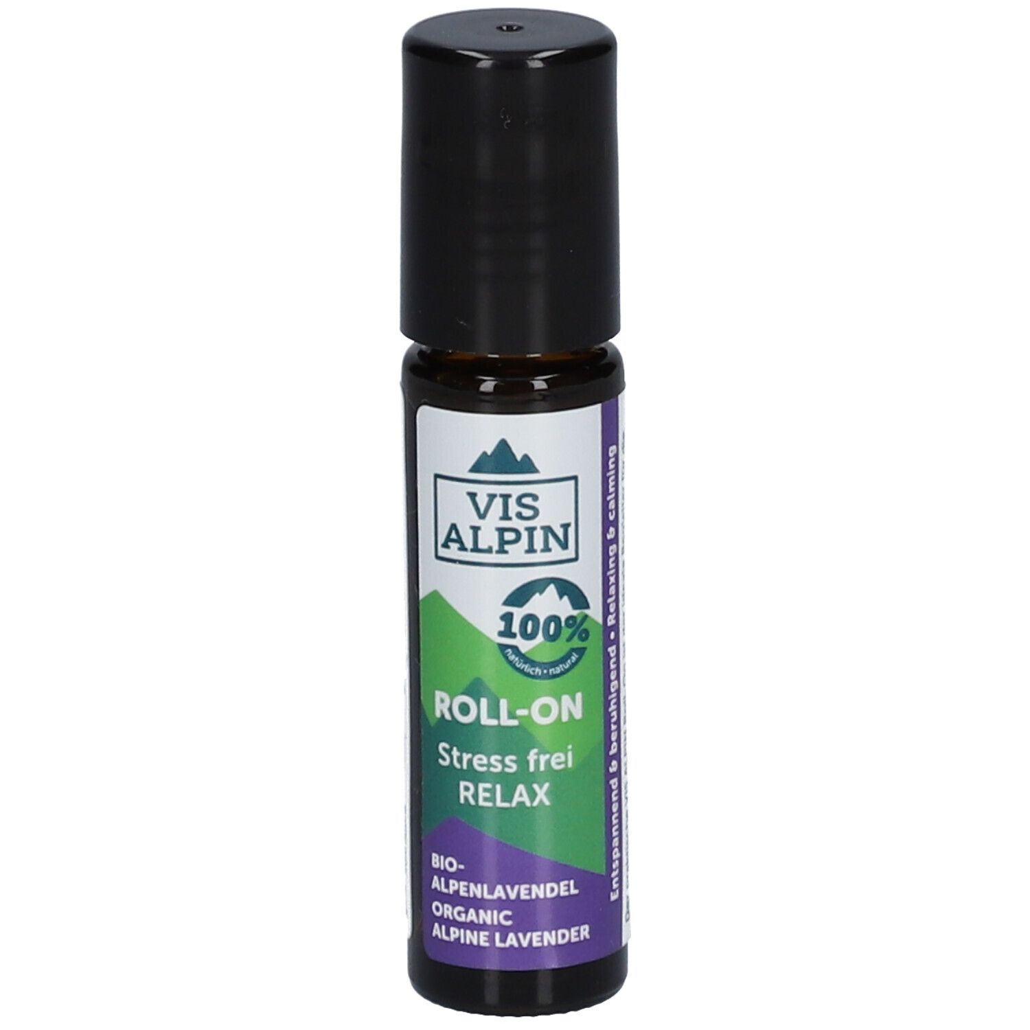 Flacon en verre brun avec bouchon noir. Étiquette avec VIS ALPIN, Roll-On, Stress frei Relax, Bio-Lavande des Alpes.