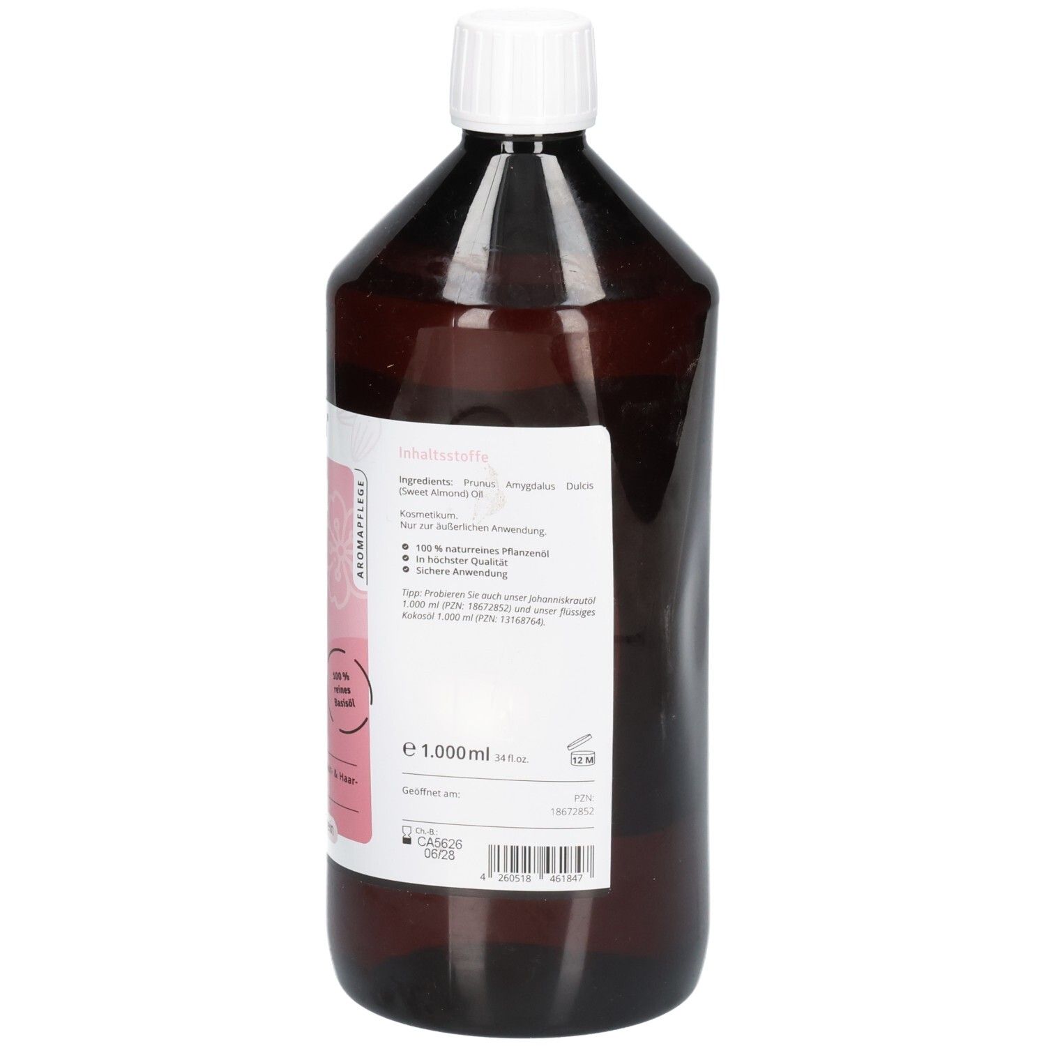 Flacon brun avec bouchon blanc. Étiquette avec ingrédients et informations sur le produit. Texte : 1.000ml, Casida Huile d'amande douce.