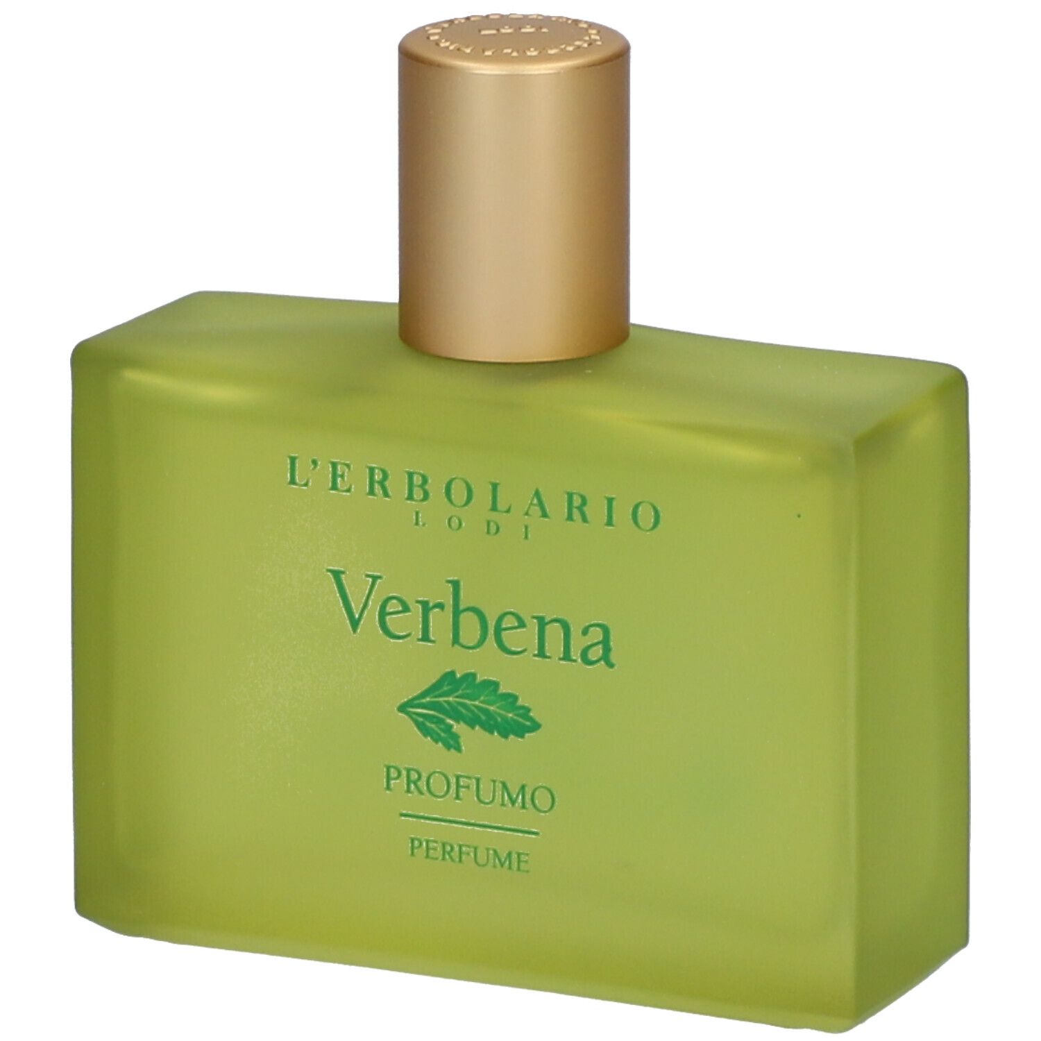 Flacon de parfum vert avec bouchon doré. Inscription : Verbena, Profumo, Perfume.