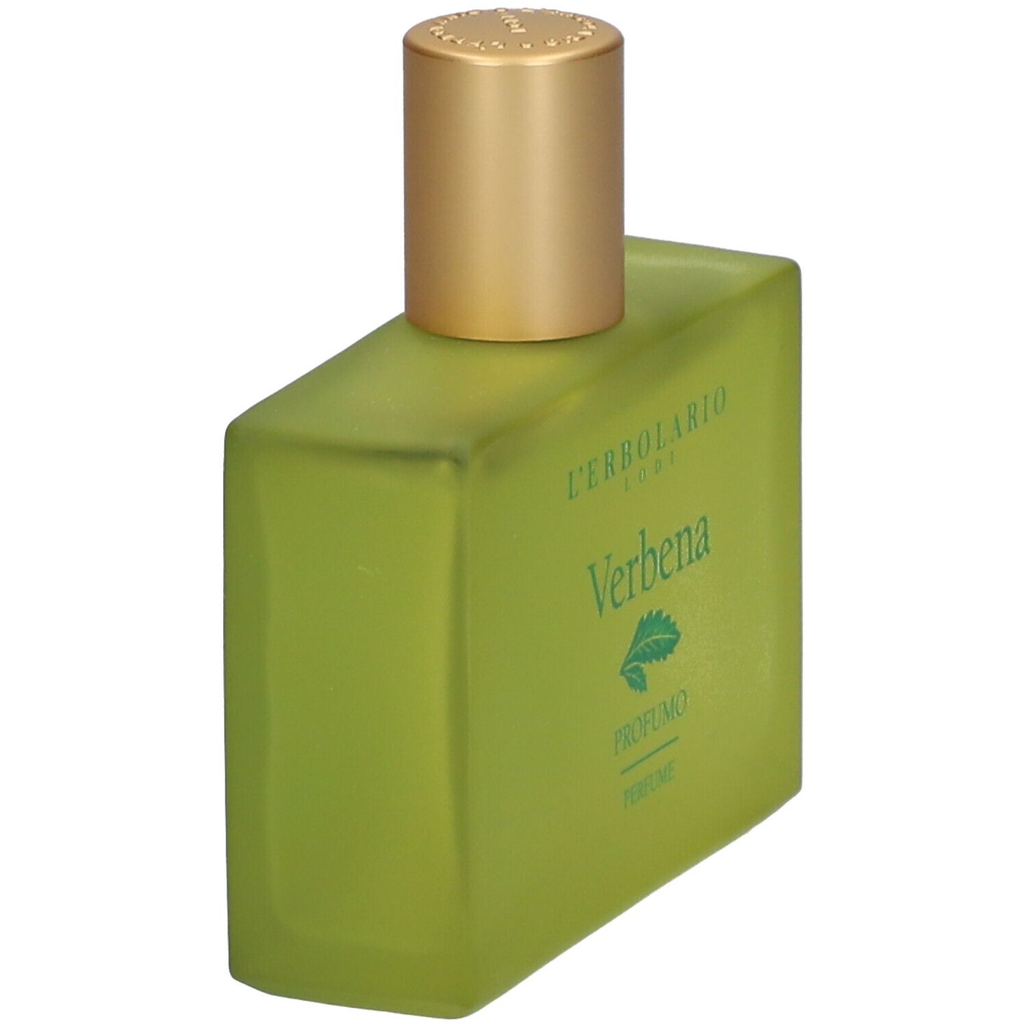 Flacon de parfum vert avec bouchon doré, vue latérale. Inscription : Verbena.